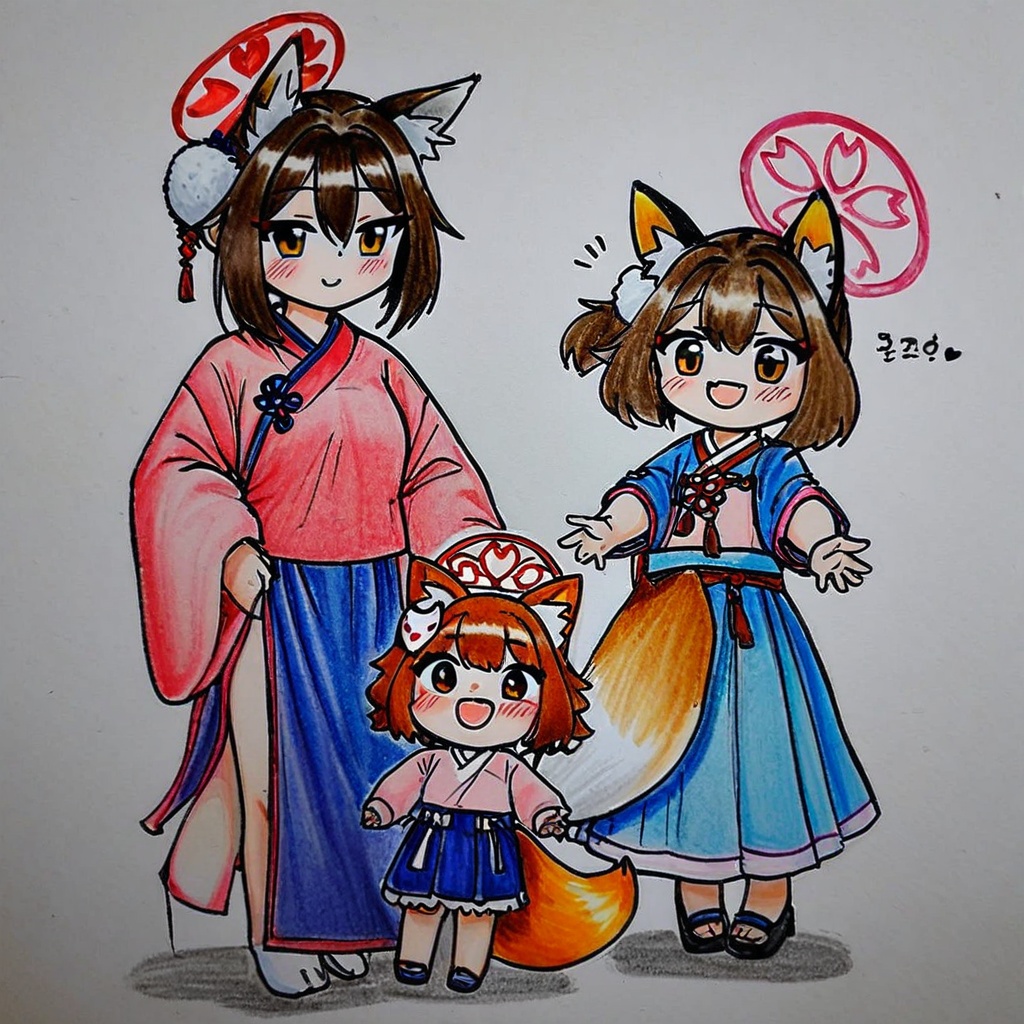 <lora:style52-a31-000018:1>,korean clothes, hanbok, tail, animal ears, fox ears, fox tail, multiple girls, fox girl, brown hair, izuna (blue archive), traditional media, sensei (blue archive), 2girls, skirt, smile, blush, fang, 1boy, open mouth, korean text, female child, mother and daughter, hair ornament, yellow eyes, brown eyes, looking at viewer, hair between eyes, bangs, long sleeves, halo, child, animal ear fluff, blue skirt, official alternate costume, short hair, :d, hat, if they mated, traditional clothes, alternate costume, outstretched arms, simple background, 3girls, long skirt, ribbon, chinese clothes