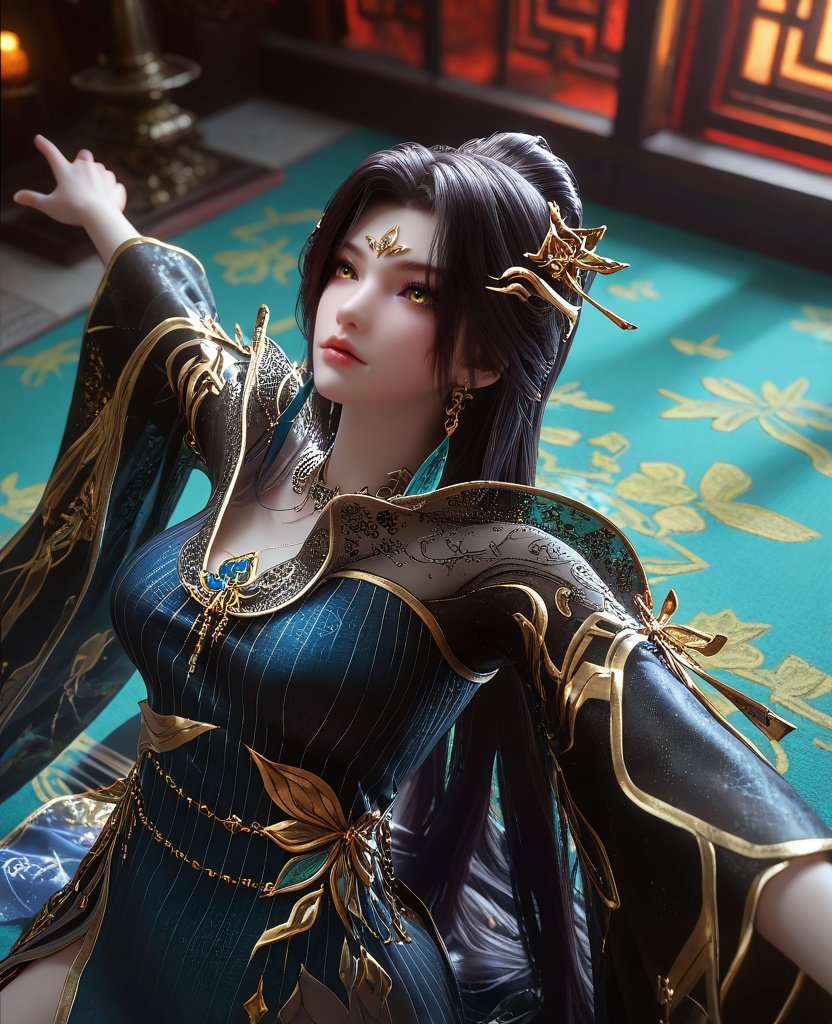 (oriental architecture, elegant decor, sophisticated style:1.1),(lying, On stomach, arms outstretched,:1.1),From a high-angle vantage point, looking downwards,(large breasts:1.2),<lora:XL16云深不知梦羲和第9集:0.95>,miss xihe,ombre gown,yellow eyes,forehead jewel,black hair,absurdly long hair,traditional chinese updo with long cascading hair,hair ornament,jewelry,earrings,wide sleeves,boots,eyeshadow,, score_9,score_8_up,score_7_up,score_6_up,score_5_up,score_4_up,3d rendering,tag1,tag2, Cinematic Lighting,backlighting,