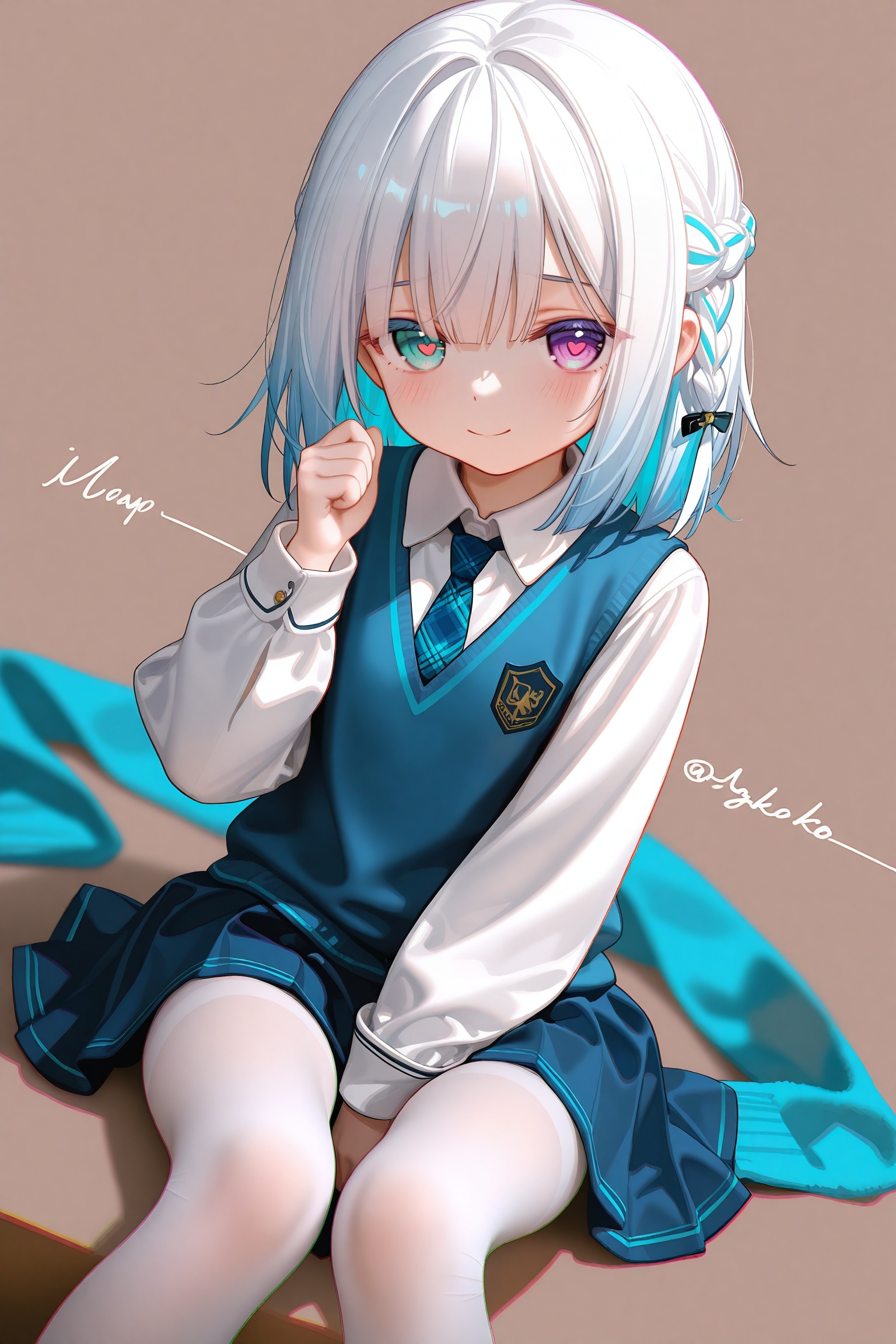 masterpiece,very aware,highres,absurdres,newest,best quality,petite,high quality,chromatic_aberration,cinematic_angle,dutch angle,//,1girl,white pantyhose,white hair,solo,between legs,necktie,skirt,pantyhose,hand between legs,multicolored eyes,braid,sitting,green eyes,looking at viewer,blue skirt,dated,shirt,hair ornament,signature,heterochromia,blush,pleated skirt,medium hair,purple eyes,gradient eyes,long sleeves,white shirt,arm between legs,blue vest,vest,collared shirt,hand up,feet out of frame,school uniform,pink eyes,symbol-shaped pupils,closed mouth,side braid,colored eyelashes,blue eyes,short necktie,miniskirt,long hair,knees together feet apart,blue hair,dot mouth,sleeves past wrists,child,multiple braids,sidelocks,clenched hand,light blush,blue sweater vest,thighband pantyhose,expressionless,print necktie,short hair,side braids,blunt bangs,artist name,heart-shaped pupils,eyes visible through hair,sleeve cuffs,plaid necktie,aqua eyes,wing collar,heart,two-sided skirt,blurry,white sleeves,brown background,french braid,dot nose,aged down,thighs,multicolored hair,artist:ciloranko,artist:umehara,artist:eip (pepai),artist:ask(askzy),artist:rurudo,evil smile,