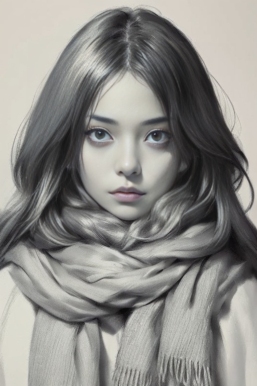 Colorful lead painting style,sketching style,a long haired woman with a scarf around her neck and a serious expression on her face,looking to one side and drawing with a pencil,masterpiece,best quality,<lora:smmx-000006:0.8>,