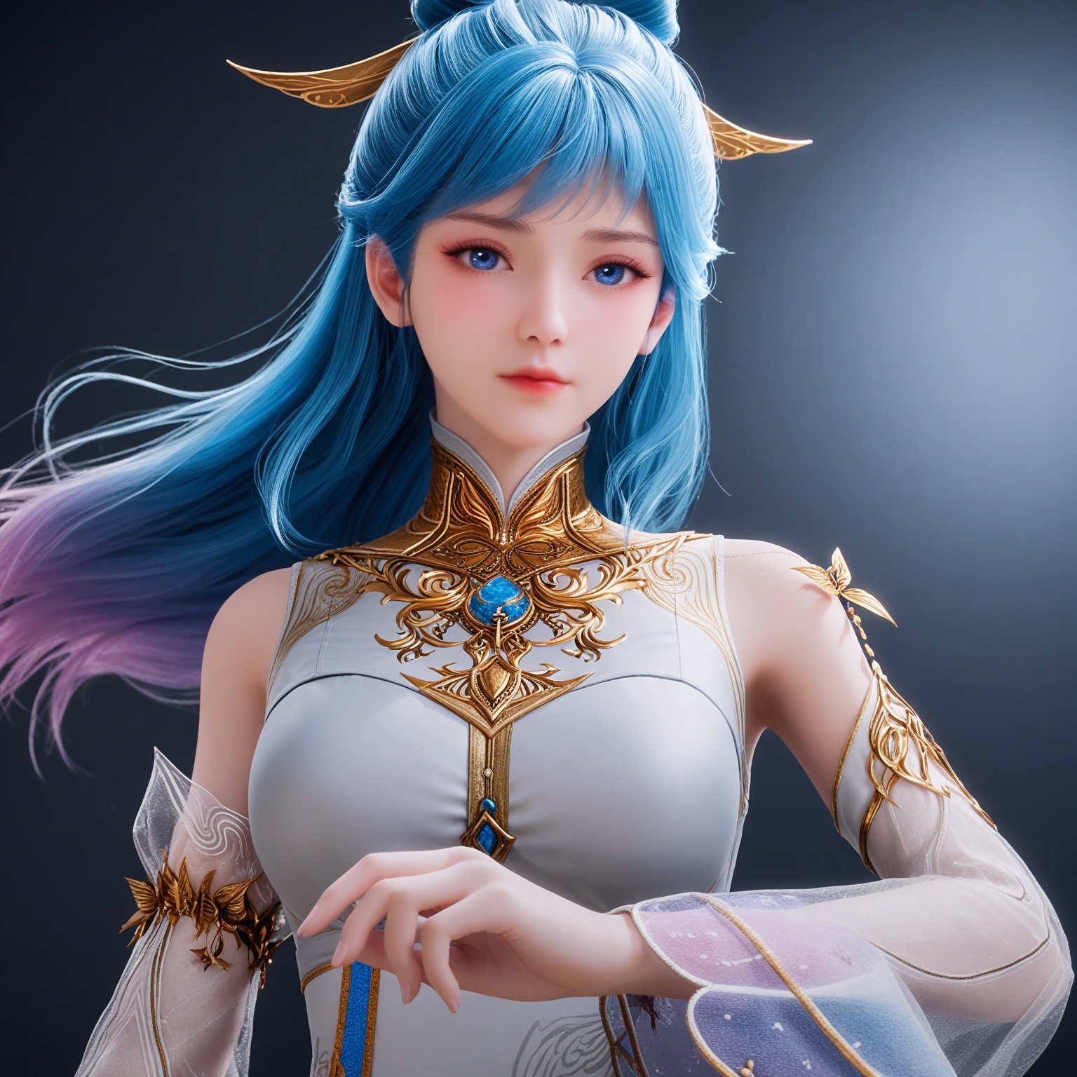 (upper_body:1.1),(huge breasts:0.9),91.<lora:YQponytangwutongV2:0.8>,(q1528437228:1.1),1girl,blue_hair,long_hair,hair_ornament,blue_eyes,bare_shoulders,realistic,jewelry,hair_rings,multicolored_hair,gradient_hair,hair_bun,dress,chinese_clothes,china_dress,long_dress,detached_sleeves,,blush,(looking_at_viewer:1.1),BREAKintricate details,shiny_skin,solo focus,(blurry background:1.1),(depth of field:1.1),perfect_anatomy,(cinematic lighting:0.9),(volumetric lighting:0.9),(simple background,pure black background,black background:1.1),