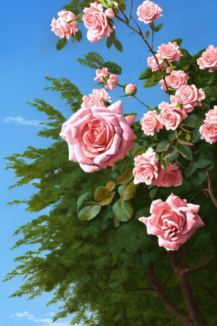 aliekexie,masterpiece,best quality,<lora:阿列克谢·安东诺夫:0.8>,(no_humans:1.2),a pink rose is in the middle of a painting of a tree and grass area with a blue sky in the background,highly detailed digital painting,tree,branch,nature,day,blue_sky,outdoors,sky,under_tree,flower details,a huge rose,