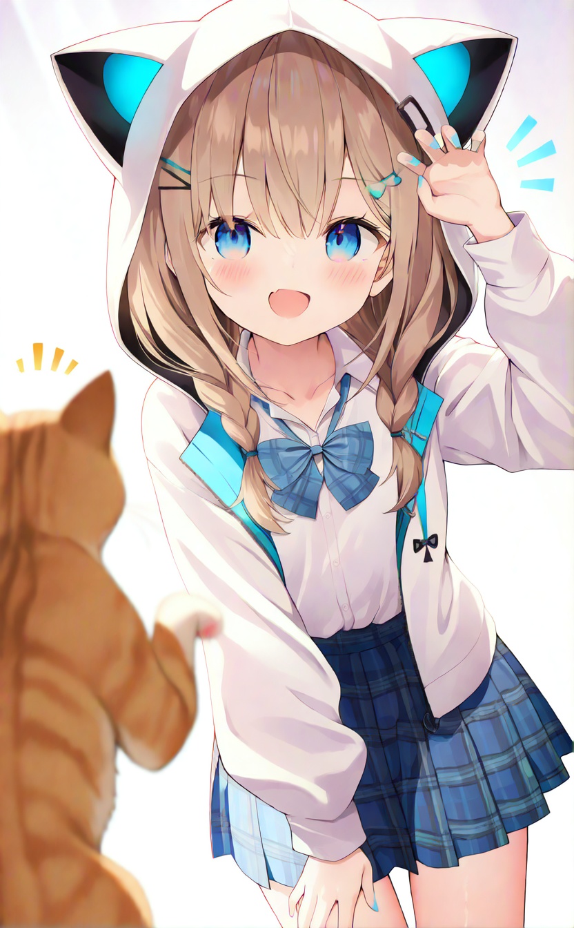 masterpiece,very aware,highres,absurdres,newest,best quality,loli,petite,high quality,chromatic_aberration,cinematic_angle,dutch angle,blurry_foreground,A light gradient background with white on top and brown at the bottom,//,1girl,cat,skirt,blue eyes,hood,animal hood,white background,bow,smile,plaid,brown hair,shirt,blue bow,blue skirt,blush,fang,solo,open mouth,puffy long sleeves,simple background,looking at viewer,hood up,hair ornament,bangs,jacket,bowtie,long sleeves,plaid skirt,puffy sleeves,blue nails,white shirt,skin fang,notice lines,:d,hairclip,plaid bow,cat hood,nail polish,virtual youtuber,blue bowtie,hoodie,//,//,official art,blurry background,depth of field,detailed light,best shadow,shiny skin,cinematic lighting,ray tracing,amazing quality,very aesthetic,absurdres,beast quality,ultra detailed,newest,8K,HDR,full_shot,//,<lora:lora:1>,