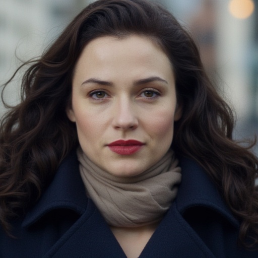 straight nose and her lips are red and slightly parted. The background is blurred and out of focus,  light skin,  wavy on...