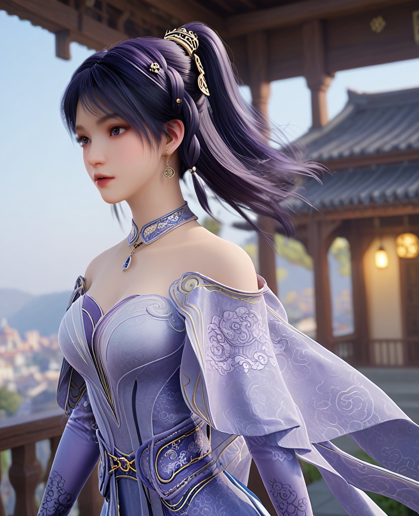 (oriental architecture, elegant decor, sophisticated style:1.1),(practicing push-up:1.1),(breasts:1.2),<lora:XL遮天姬紫月2:0.95>,miss jiziyue,blue dress,shawl sleeves,purple hair,jewelry,bare shoulders,elbow gloves,sash,blue eyes,hair ornament,tassels,ponytail,inner skirt,, score_9,score_8_up,score_7_up,score_6_up,score_5_up,score_4_up,3d rendering,tag1,tag2, Cinematic Lighting,backlighting,