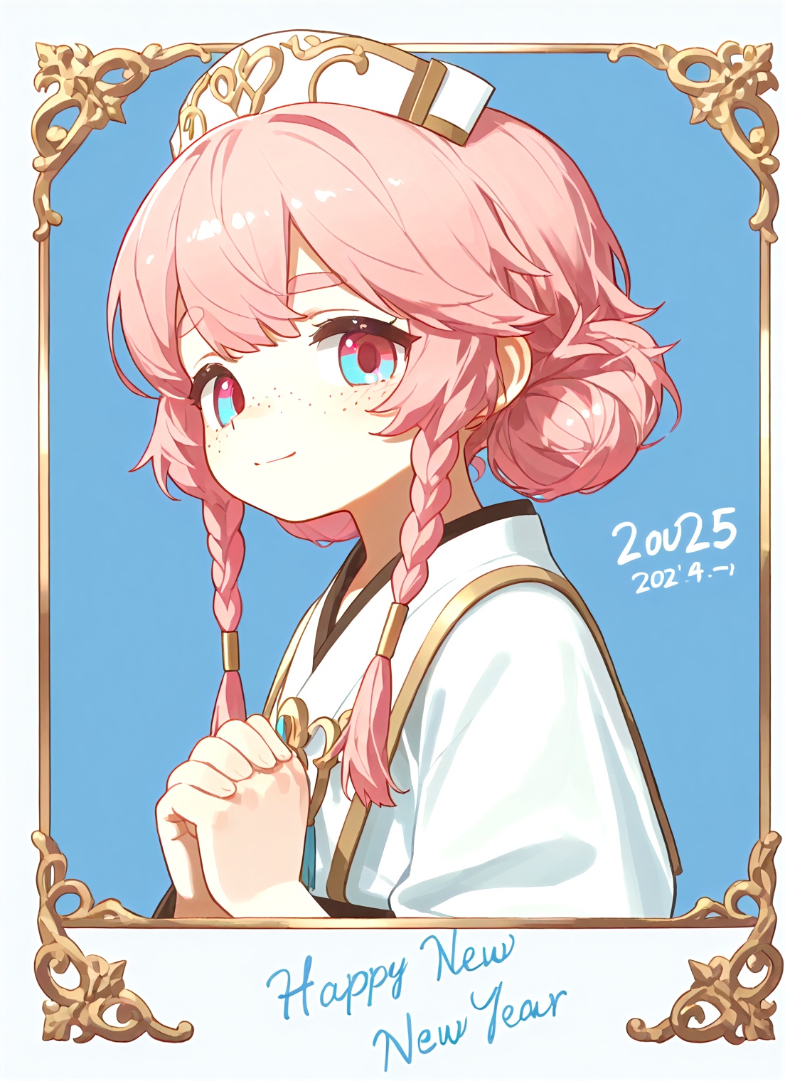 The image presents a serene side profile of a young girl,positioned on the left half of the frame. She sports silky locks with subtly curled ends,adorned with a delicate braid on the left side and loose strands framing her cheeks. Her porcelain-like skin features small freckles scattered across her nose and cheeks,exuding innocence. Large,radiant eyes,enhanced by lush lashes,gaze upward toward the right sky with hope and sincerity,as if praying for the new year's blessings. The pure blue background is bathed in warm,gentle light from the top right corner,creating a dreamy atmosphere. In the upper right corner,elegant glowing text says: ＂ 2025 Happy New Year " against the soft sky,blending seamlessly with the scene.,<lora:电影工坊V3.0:0.6>,<lora:Glitch3-000050:0.2>,
