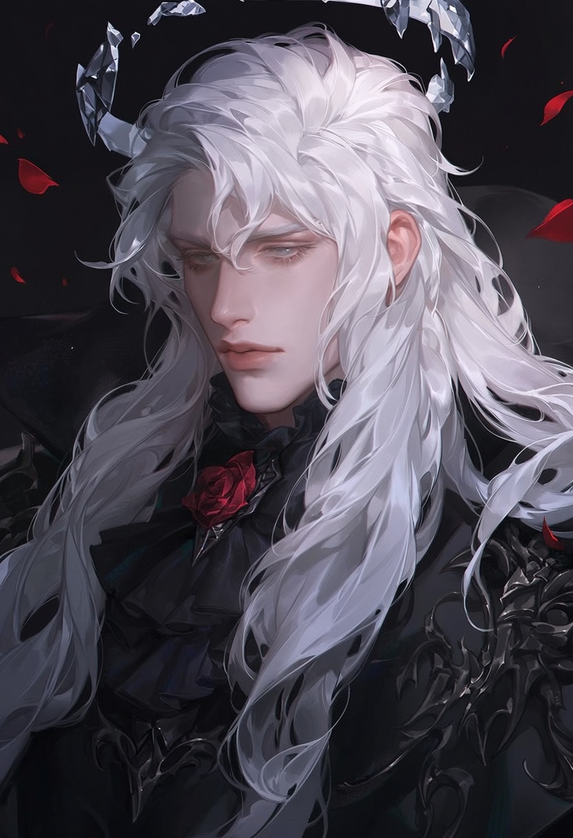 1boy,  rose court angel with white hair,  black lace cuffs on Tensor.Art