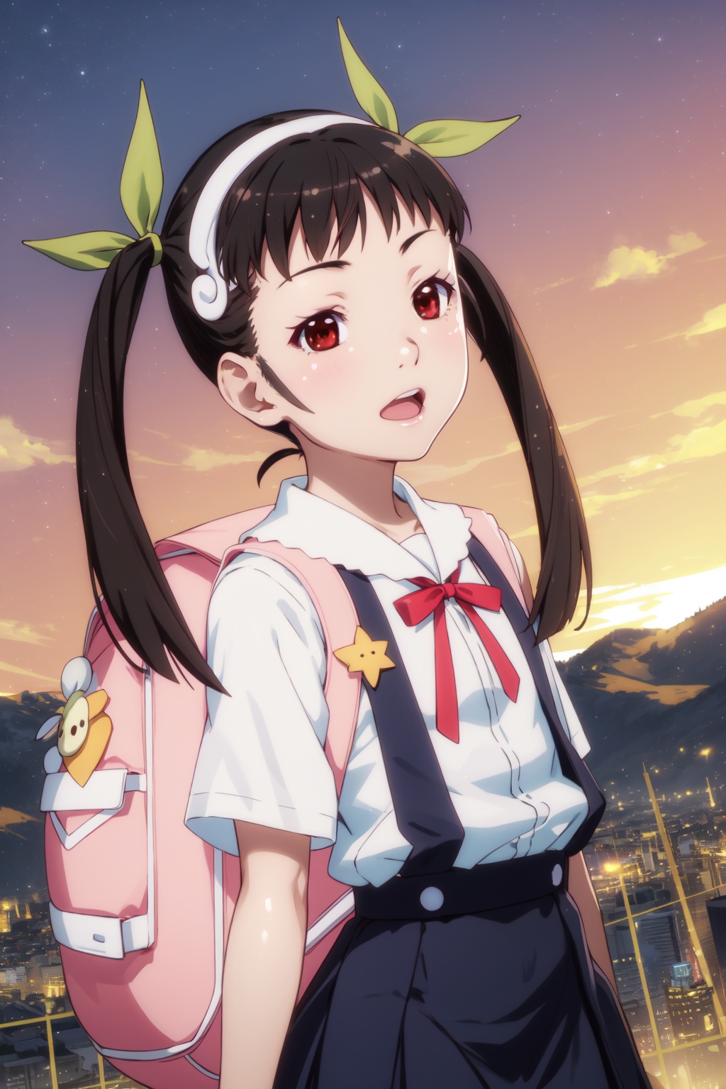 <lora:Hachikuji-000010:0.8>,Hachikuji cyql,1girl,looking at viewer,solo,black hair,long hair,twintails,hairband,ribbon,hair ribbon,green ribbon,red eyes,suspender skirt,backpack,bag,bandaid,bandaid on knee,school uniform,skirt,child,bracelet,Surprised, Wide-open eyes, a raised brow, and an open mouth.,portrait,beautiful face,beautiful eyes,glossy skin,shiny skin,Sunset, Vineyard, Grapes, Sky, Colors, Horizon, Serenity, Harvest,(Date palms, Cacti, Oasis pool, Hot sand, Glaring sunlight, Mirage:0.6),beautiful detailed sky,beautiful detailed glow,posing in front of a colorful and dynamic background,masterpiece,best quality,beautiful and aesthetic,contrapposto,female focus,wallpaper,fashion,