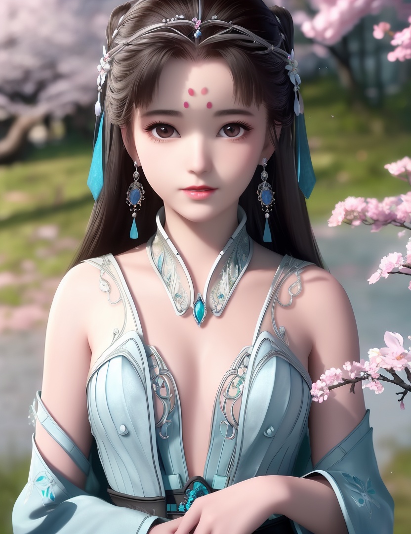 ultra realistic 8k cg, picture-perfect face, flawless, clean, masterpiece, professional artwork, famous artwork, cinematic lighting, cinematic bloom, perfect face, beautiful face, fantasy, dreamlike, unreal, science fiction,  beautiful clothes, lace, lace trim, lace-trimmed legwear,  (rich:1.4), prestige, luxury, jewelry, diamond, gold, pearl, gem, sapphire, ruby, emerald, intricate detail, delicate pattern, charming, alluring, seductive, erotic, enchanting, hair ornament, necklace, earrings, bracelet, armlet,halo((,1girl, ,))(((,teenage, cherry blossoms, 1girl, tree, spring_\(season\), solo, black_hair,chinese clothes,looking at viewer, upper body, ))) <lora:DA_LanLingEr:0.6>