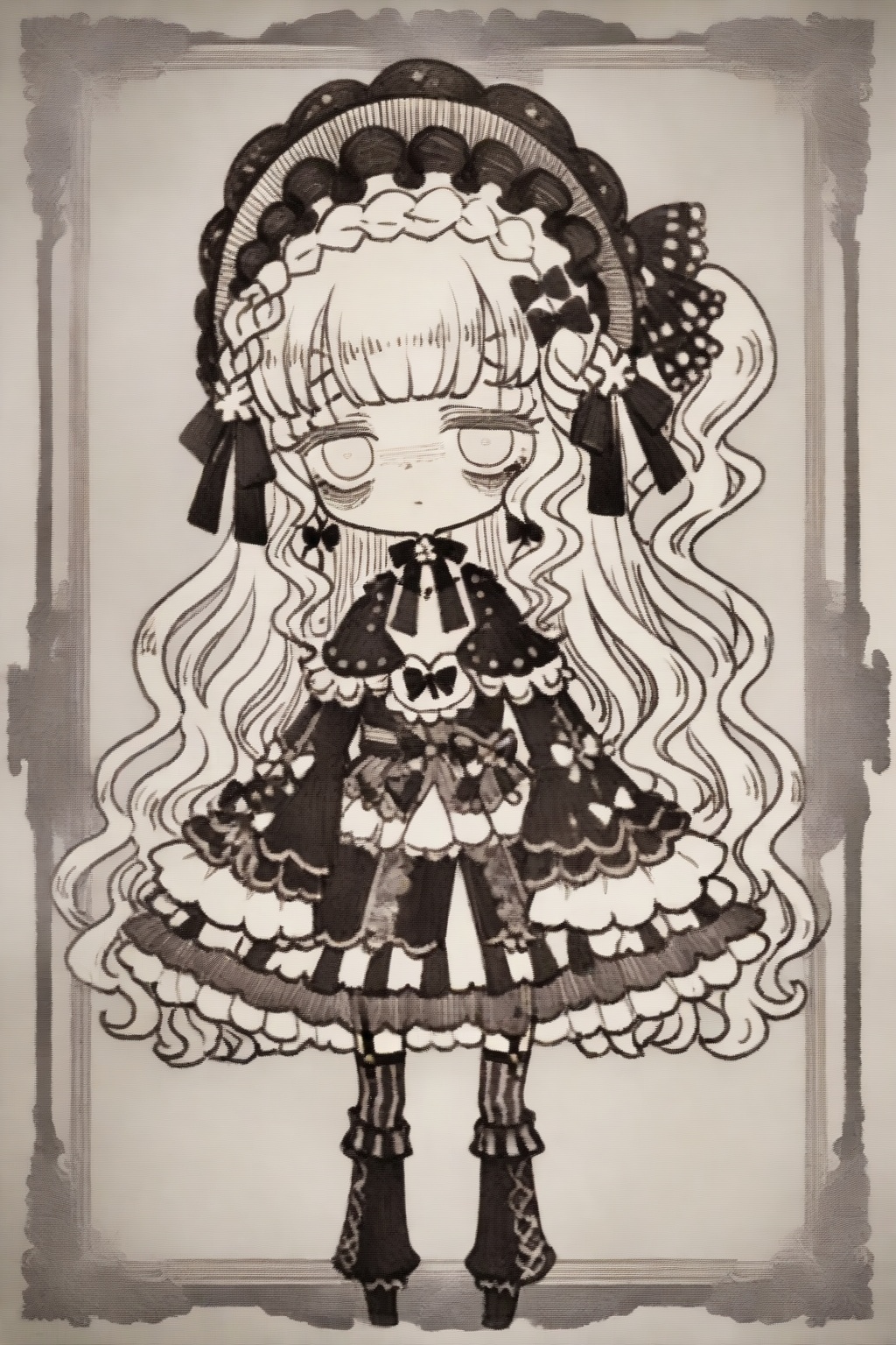 1girl,solo,long hair,looking at viewer,long sleeves,hair ornament,dress,thighhighs,bow,very long hair,standing,full body,monochrome,braid,hair bow,greyscale,frills,boots,chibi,wavy hair,garter straps,lolita fashion,bags under eyes,gothic lolita,<lora:mnsp Texture2D:1>,