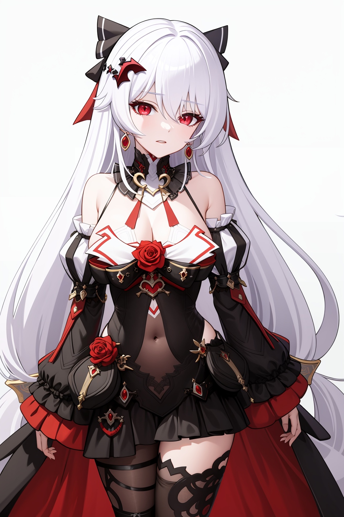 <lora:大月下:1:lbw=char>,theresa apocalypse \\\(luna kindred\\\),red eyes,long hair,dress,bangs,bare shoulders,hair ornament,white hair,rose,cleavage,flower,black dress,earrings,hair between eyes,jewelry,detached sleeves,thighhighs,, 1girl,,  (masterpiece,best quality:1.2),absurdres