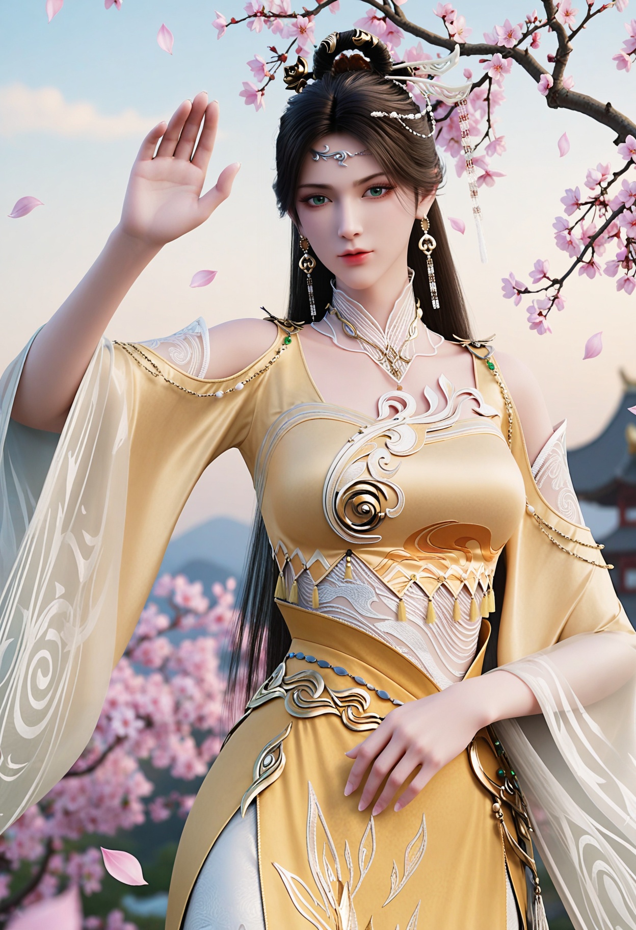 (upper_body:1.1),looking_at_viewer,fantasy,dreamlike,Pastel Colors,hyper realistic,southeast asia,aestheticism,beautiful detailed sky,chinese mythology,wonderland,peach blossom,falling petals,smog,yunxia,dynamic pose,<lora:YQ_li光辉v5_金瓶儿_V1:0.8>,1girl,solo,q1528437228,long_hair,jewelry,earrings,hair_ornament,dress,black_hair,realistic,chinese_clothes,yellow_dress,green_eyes,brown_hair,hair_bun,necklace,single_hair_bun,bare_legs,feet,hair_rings,