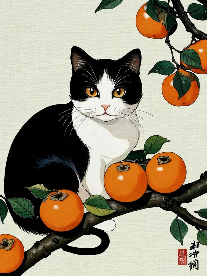 (Masterpiece),  persimmon branches,  cat on Tensor.Art