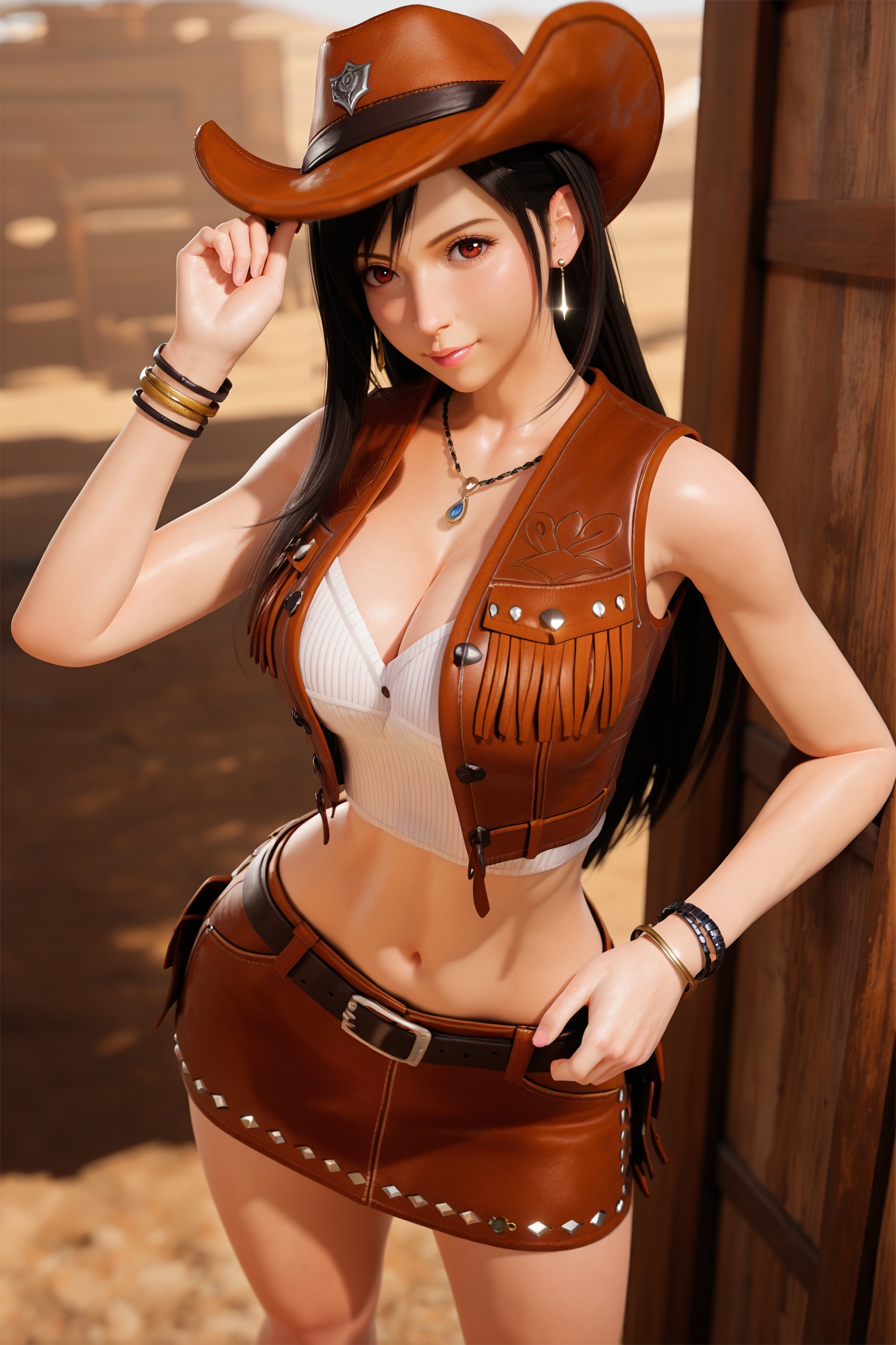 masterpiece,best quality,good quality,<lora:jijia-gnoobv-Tanger-000010:0.8>,jijia,3d,CG,1girl,tifa lockhart,cowboy hat,solo,hat,skirt,breasts,long hair,jewelry,cowboy western,navel,black hair,belt,crop top,earrings,midriff,cleavage,miniskirt,brown eyes,large breasts,looking at viewer,bracelet,cosplay,vest,red eyes,adjusting clothes,