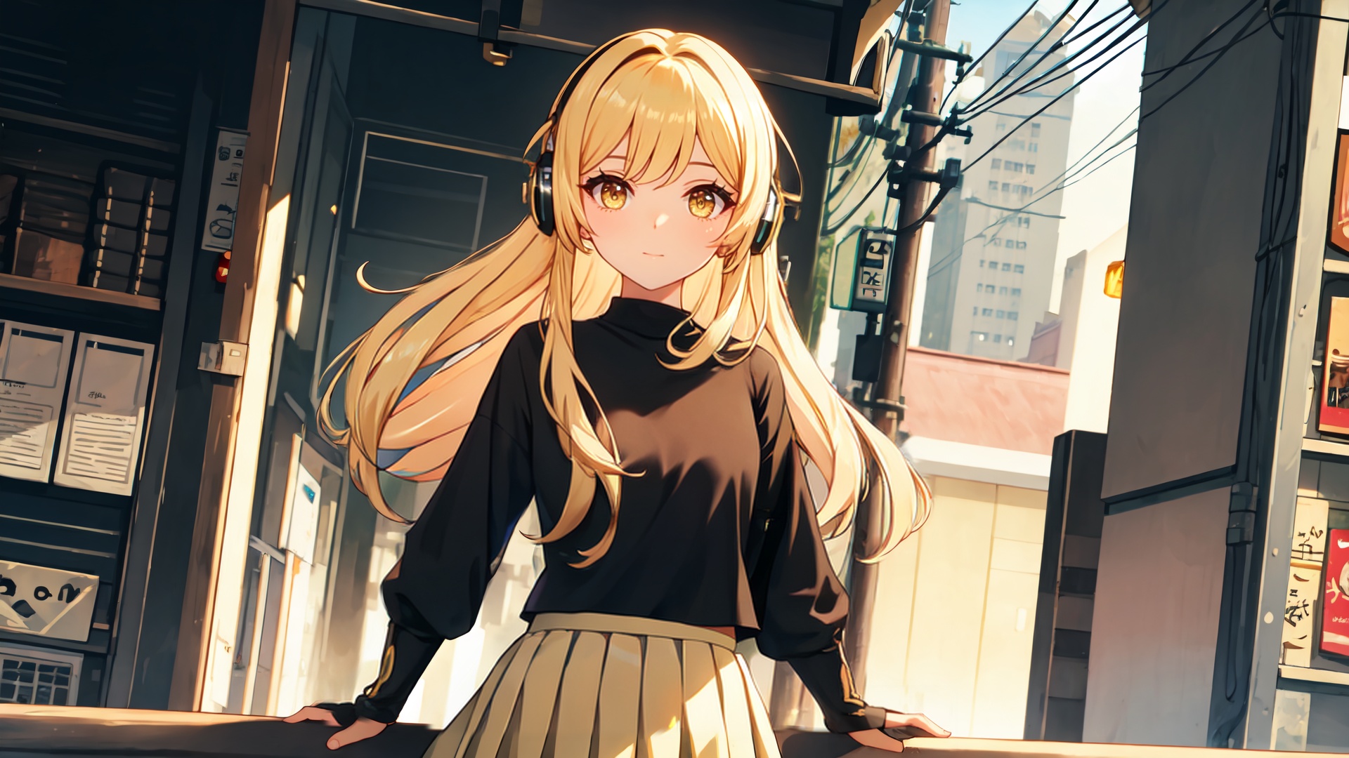 masterpiece,best quality,cinematic light,dramatic light,best shadow,colorful,wallpaper,high contrast,best illumination,ultra-detailed,an extremely delicate and beautiful,dynamic angle,depth of field,cowboy shot,upper body,<lora:lumine:0.5>,1girl,(solo:1.2),hair ornament,yellow eyes,(lumine (genshin impact):0.8),(pleated skirt:1.3),(black shirt:1.3),headphones,perfect face,perfect eyes,outdoors,sidelighting,street,phone booth,cityscape,shop,handrail,street lamp,power lines,
