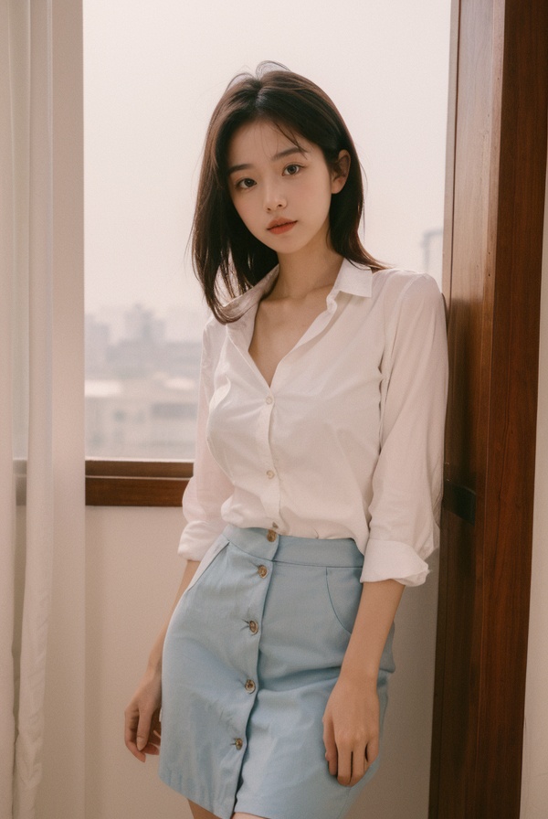 best quality,masterpiece,ultra high res,looking at viewer,simple background,huge breasts,1girl,<lora:KODAK MAX800_lora:0.8>,pencil skirt,button-up shirt,classic pumps,morning glow,pastel sky,cool tones,sun rays,soft light,peaceful atmosphere,early morning serenity.,