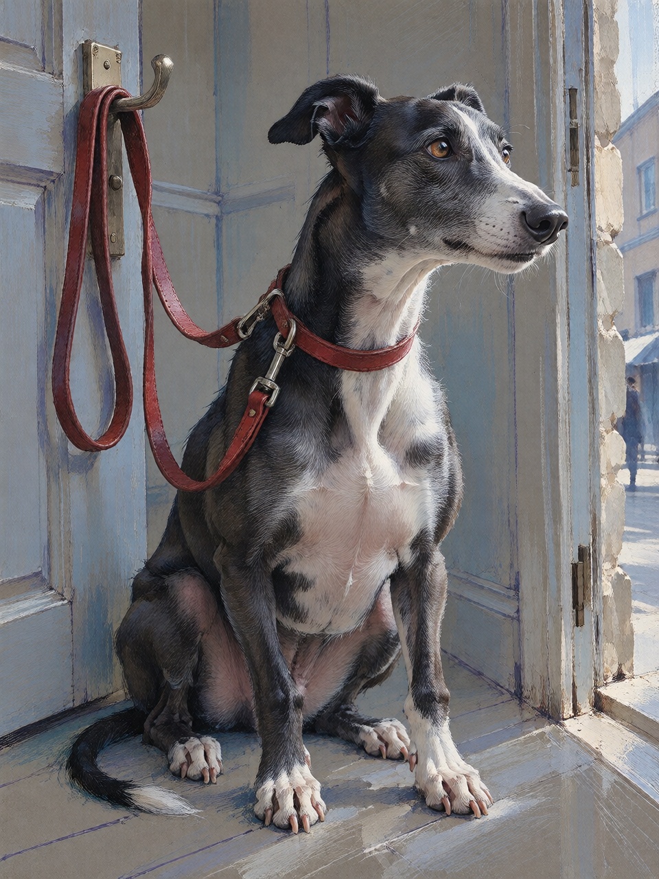 A black and white greyhound sitting in an open doorway,  its narrow head turned toward the street. A red leather leash han...