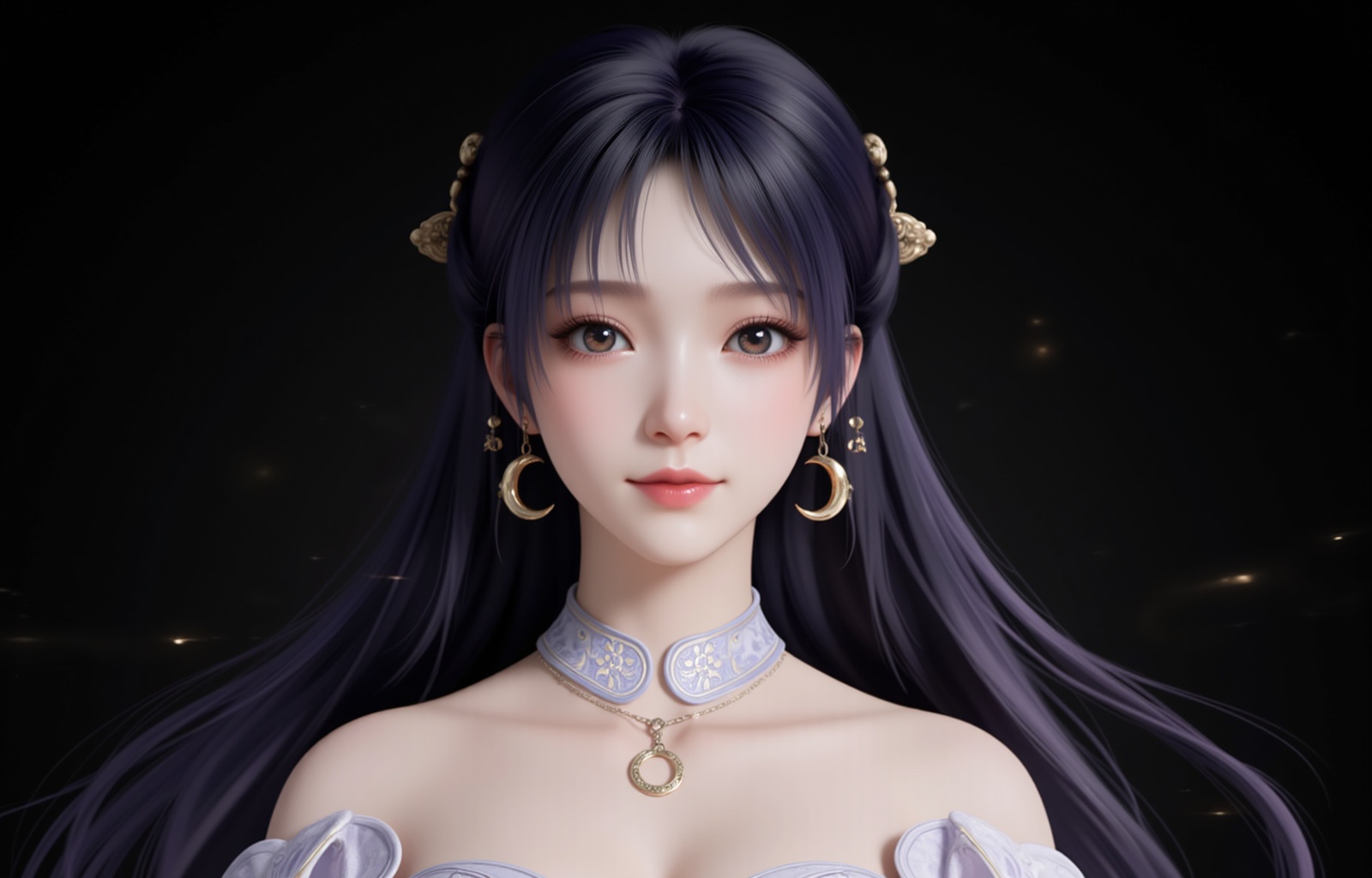 <lora:姬紫月5:1.1>,jiziyue,1girl,solo,jewelry,hair ornament,earrings,black background,long hair,crescent,realistic,bare shoulders,crescent earrings,hair rings,portrait,closed mouth,black hair,dress,simple background,detached collar,upper body,lips,purple hair,white dress,necklace,6,cover,gradient background,close-up details,outstanding style,adding a touch of dimension to your images without compromising details,close-up,<lora:DJ滤镜_2.5D版:0.3>,lvjing,<lora:油画唯美滤镜15:0.3>,baoshi,