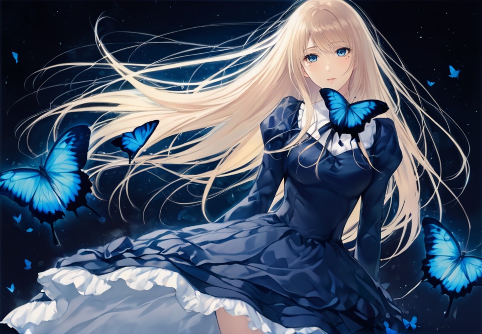 (best quality), ((masterpiece)), (highres), illustration, original, extremely detailed,   <lora:黑暗物语 葬の花:0.7>1girl, long hair, bug, solo, butterfly, dress, mole under eye, mole, blue eyes, blonde hair, looking at viewer, blue butterfly