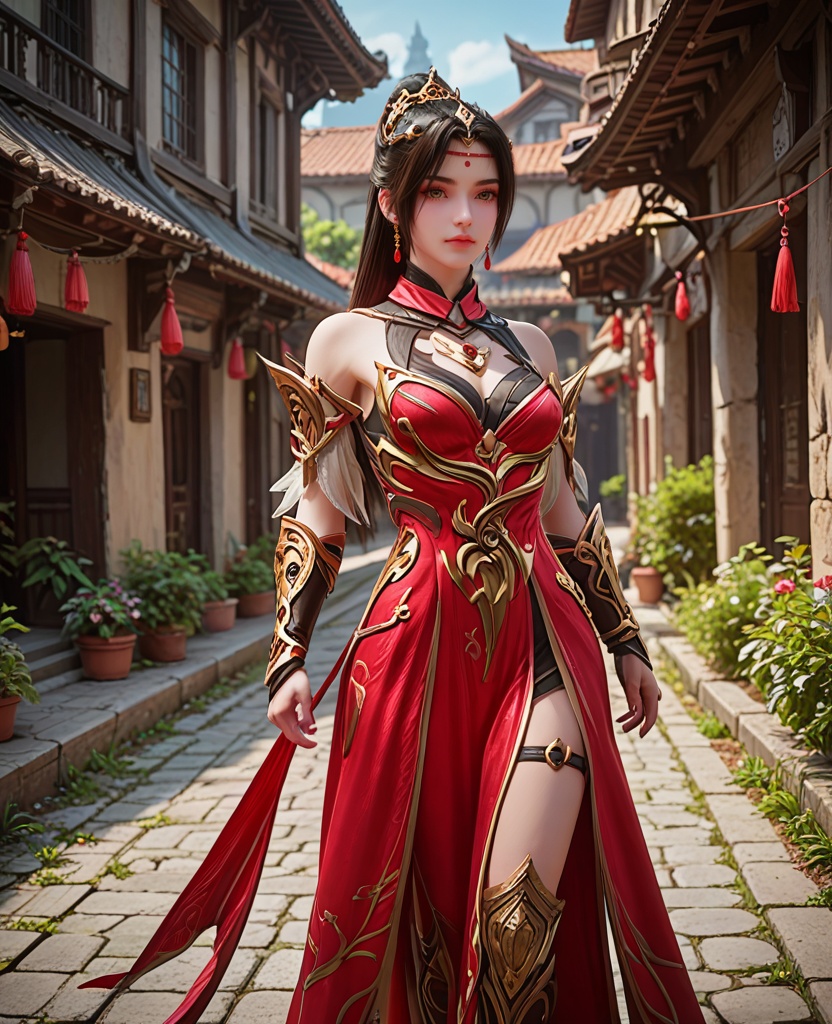 (oriental architecture, elegant decor, sophisticated style:1.1),Walking along a path, holding a map, showing a sense of adventure and exploration,,(breasts:1.2),<lora:XL完美世界火烁:0.8>,miss huoshuo,solo,red dress with black lining underneath,bare shoulders,vambraces,armored gloves,greave,brown eyes,forehead mark,black hair,half tied ponytai,earrings,jewelry,leather pants,clothing cutout,, zPDXL2, score_9, score_8_up, score_7_up BREAK realistic, masterpiece,best quality, highly detailed,, zPDXL3, zPDXL2,zPDXL, zPDXLxxx, zPDXLrl,