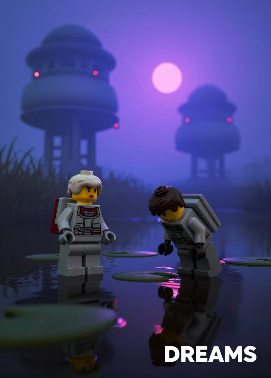 This is a image depicting a futuristic,  sci-fi scene set in a misty,  blue-tinted environment. The foreground features tw...