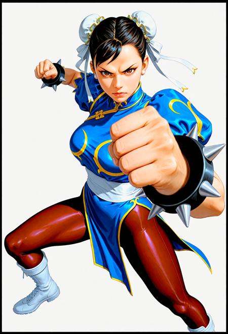masterpiece, realistic, illustration.media, newest, high quality, highres, 8K, depth of field, dynamic angle, best quality, 1girl, chun-li, drawing \(action\), punching, through page, angry, white background, bold lines, black outline,  <lora:ChunLiSFIllustrious:0.4> CLICLASS, black hair, double bun, bun cover, blue china dress, puffy sleeves, short sleeves, pelvic curtain,spiked bracelet, black bracelet, pantyhose, || white boots, perspective, depth of field, <lora:perspective:1> perspective <lora:Midjourney_Illustration_IllustriousXL:0.5> 1LLUSMJ7