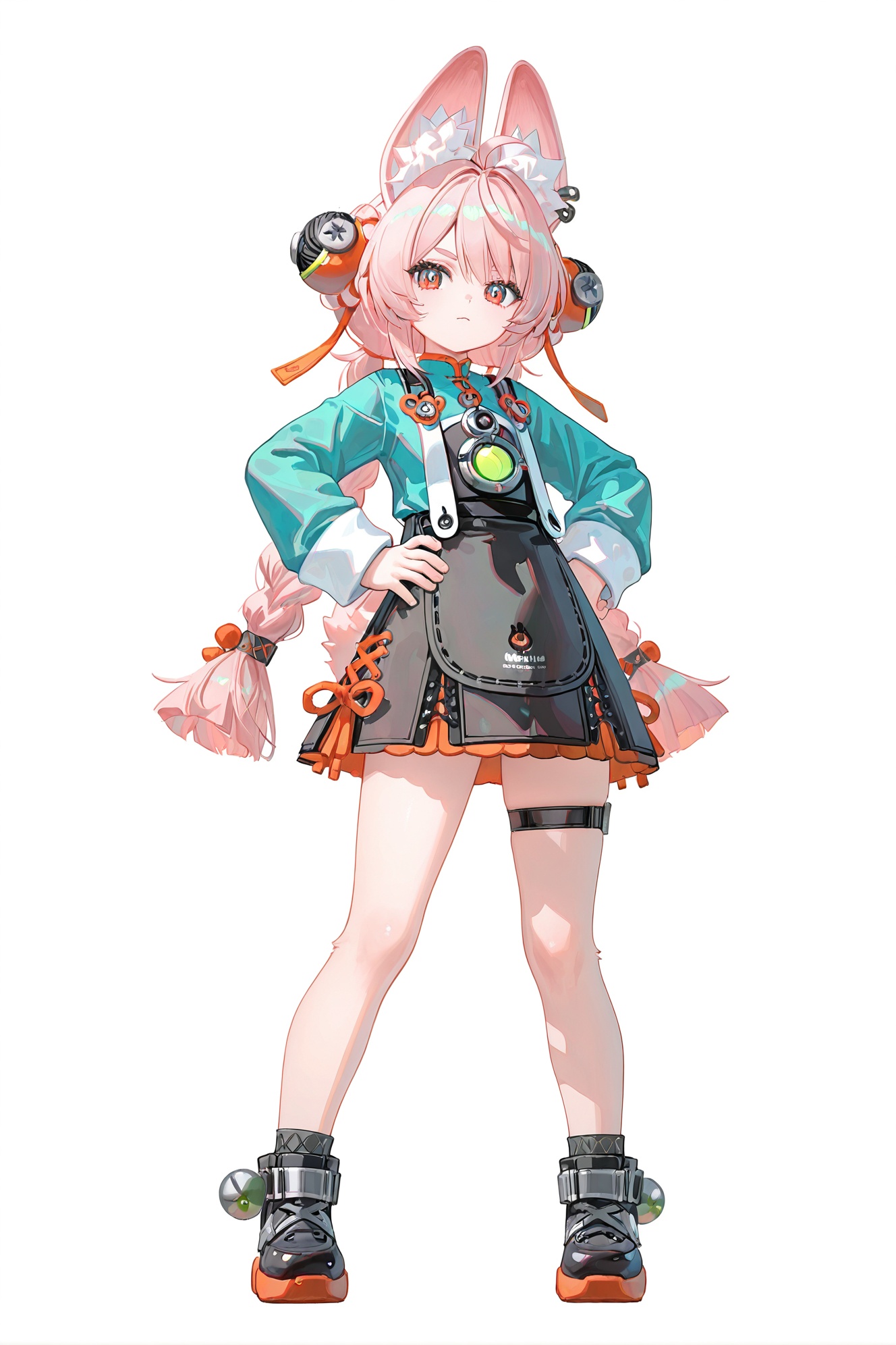 8k,best quality,masterpiece,(ultra-detailed),(high detailed skin),((artist:reoen),(artist:fuzichoco),(artist:atdan),(artist:torino_aqua),year 2024:0.8)1girl,[artist:wlop],[artist:ningen_mame],artist:ciloranko,[[artist:rhasta]],artist:tidsean,colorful,full body,full shot,standing,(solo:1.2),simple background,(white background:1.2),hand on own hip,(white background:1.1),looking at viewer,<lora:zhao-noob-Tanger-000014:0.8>,Zhao \(Zenless Zone Zero\),little girl,little furry female,zhao animal ear fluff,Zhao def hair ornaments,clothes: zhao def cyan and black dress,1girl,long hair,tail,braid,thigh strap,