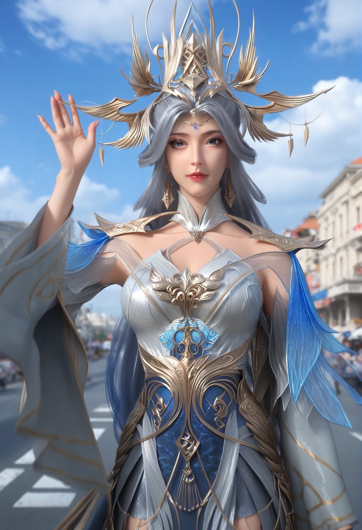 (score_9),<lora:宁雨蝶-apony:0.83>,nyd,(mature_female:1.1),solo,hair ornament,tiara,long hair,hair bun,mole under eye,shoulder guard,high collar,detached collar,detached sleeves,dress,circlet,jewelry,dangle earrings,<lora:perfect eyes_v1:0.8>,blue eyes,front view,<lora:Expressive_H-000001:0.8>,(waving:1.1),glamor,collarbone,pointy breasts,puffy breasts,large breasts,outdoors,street,blue sky,blur background,building,city,cloud,cloudy sky,day,depth of field,(white_skin:1.1),(fair_skin:1.1),