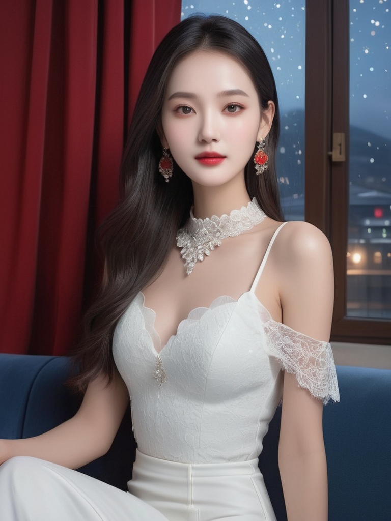Top level CG, highest picture quality, masterpiece, exquisite and delicate beautiful girl, (185cm beautiful woman), (tall figure), queen, queen temperament, fair skin, ((long legs)), perfect facial features, bright eyes, seductive posture, red lips, beautiful and cold, (big breaks), beautiful and heroic, black and smooth long hair, sparkling, lace edge, mesh, visible skin through perspective, wearing glasses, diamond earrings, ruby necklace, ((wearing black cream stockings under ultra short jeans), 8k image quality, (realistic portrait), (black starry background), characters occupying the entire screen, (face lighting), ((standing))