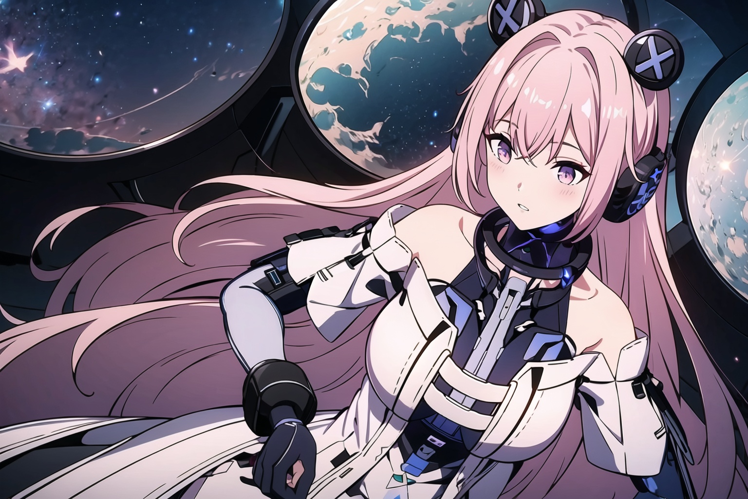 masterpiece,best quality,cowboy shot,(space),starry sky,clusters of stars,1girl,cute,solo,bangs,bare_shoulders,dress,gloves,long_hair,pink hair,headset,(huge breasts),(expressionless),parted lips,walk,upper body,hand on hip,<lora:add_detail:0.15>,<lora:nijipretty_20230624235607:0.5>,<lora:buou147-000010:0.7>,