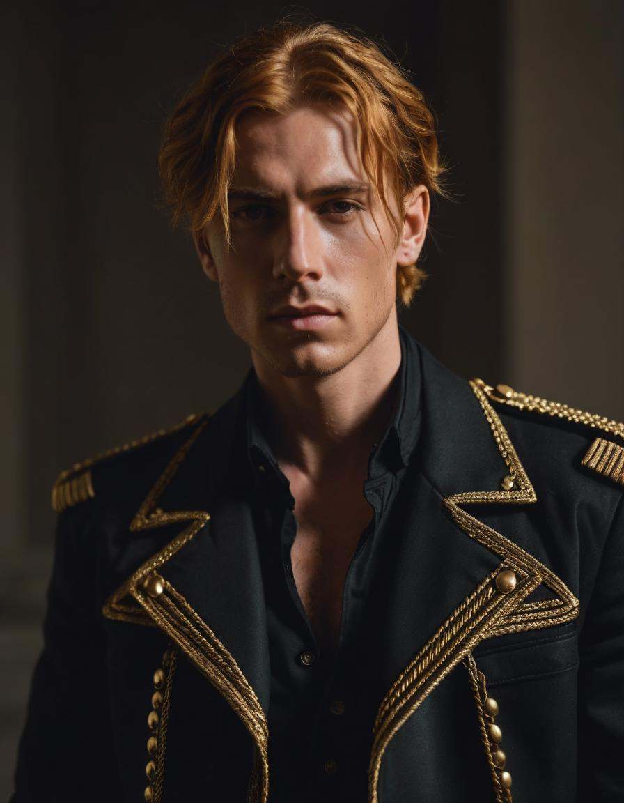 a character photo portrait of a Georgian man with amber hair Flaunting a tailored, military-inspired jacket with gold braiding and coordinating pants, unsplash, light and space, dramatic light on face, realistic face moody lighting, light falling on face