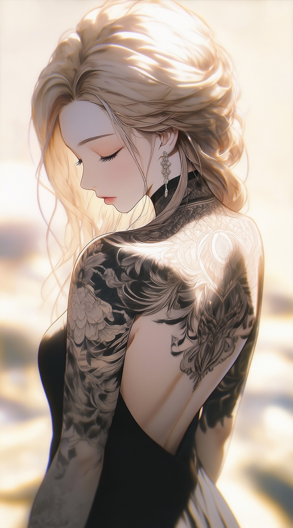 a digital illustration shoot from a profile camera angle about a close-up portrait of a woman with intricate tattoos on her back, the image also shows a serene and contemplative atmosphere, on the middle of the image, a young woman with light skin appears to be facing away from the viewer, with her upper body visible, she is wearing a black dress and has long, flowing blonde hair, her hair is styled in loose waves and falls down her back, framing her face, her eyes are closed, and her lips are slightly parted, giving off a subtle hint of intimacy, her body is slim, and she has a delicate, intricate tattoo design on her upper back, her earrings are dangling from her ears, adding to her elegant and sophisticated look, the background is blurred, with soft, warm lighting that casts gentle shadows on her body, creating a sense of depth and dimensionality, the overall effect is one of serenity and tranquility, with a focus on the womans beauty and the intricate design of her tattoos,, Negative prompt: ng_deepnegative_v1_75t,(badhandv4:1.2),EasyNegative,(worst quality:2),,nsfw, Steps: 30, Sampler: Euler, CFG scale: 4.0, Seed: 1042581483, Size: 1142x2048, Model hash: 98763a1277, Model: Qwen-Image_1.0.safetensors, Denoising strength: 0, RNG: CPU, Lora 1: ZOZ_漫梦琉璃05~QWEN, Lora Hash 1: 5b64907f40, Lora Weight 1: 0.8, vae_name: automatic