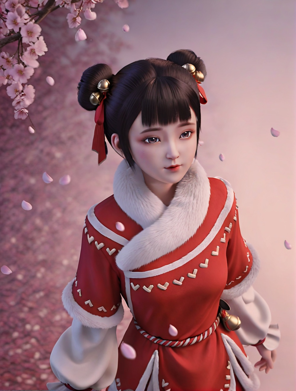 fair_skin,white_skin,Ivory_skin,score_9,<lora:SF_XiaoBaoPing_Pony_Realism-000004:0.72>,red dress,hair ornament,black hair,bangs,double bun,fur trim,bell,1girl,breasts,standing,puffy sleeves,petals,solo,falling petals,looking at viewer,simple background,cowboy_shot,arms at sides,