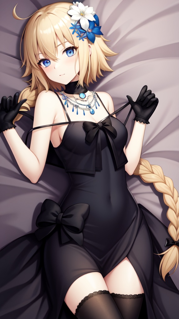 jeanne_d'arc_\(fate\),blonde_hair,hair_flower,black_dress,black_gloves,blue_eyes,thighhighs,hair_ornament,gloves,black_thighhighs,braid,very_long_hair,sleeveless_dress,sleeveless,looking_at_viewer,choker,single braid,collarbone,black_bow,hair_between_eyes,hair_bow,necklace,jewelry,ribbon,white_flower,blue_flower,closed_mouth,bangs,(lying:1.2),<lora:jeanne-000007:1>,, 1girl,,  (masterpiece,best quality:1.2),absurdres