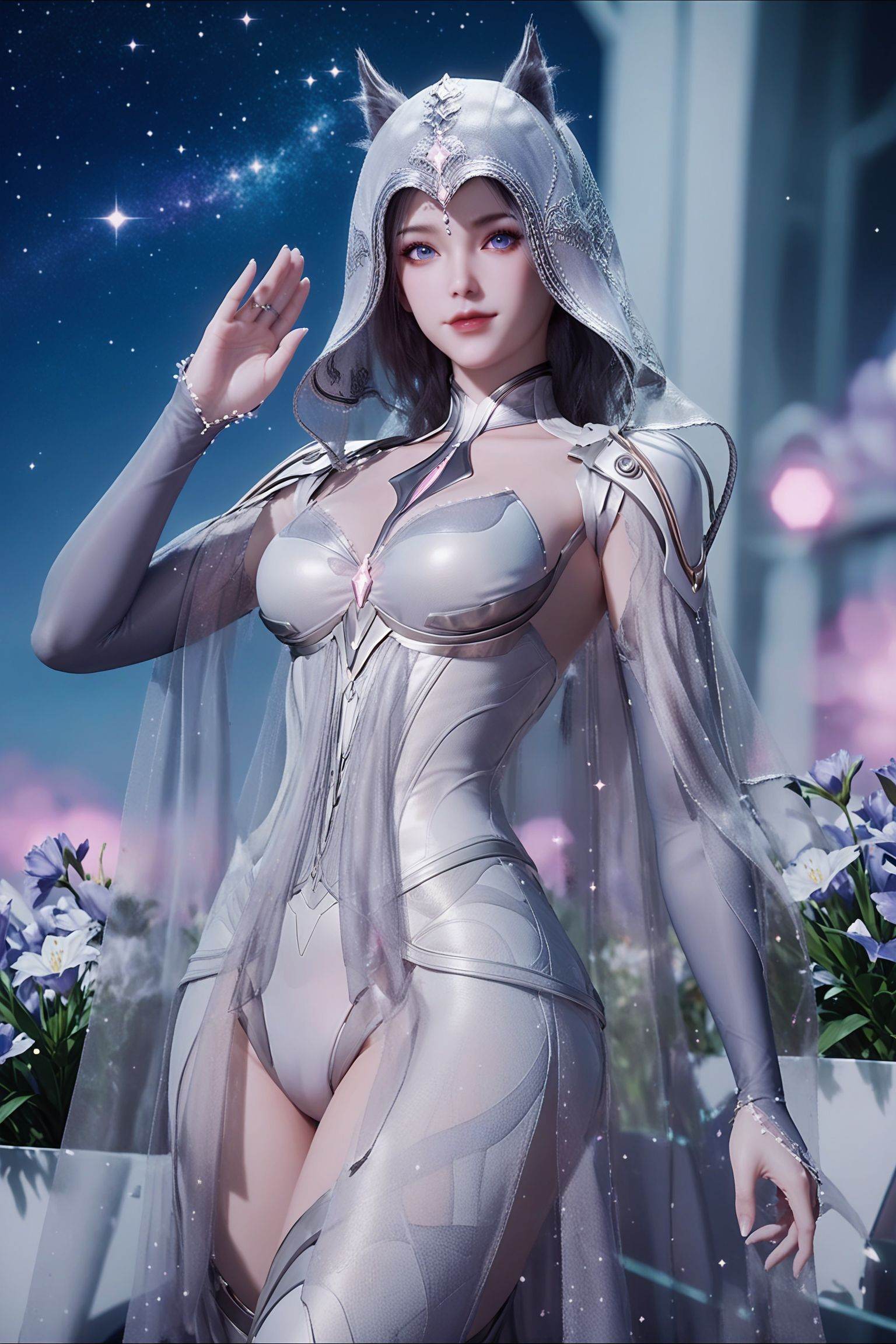 score_9,score_8_up,score_7_up,score_6_up,(arms_up:1.1),(waving:1.1),1girl,solo,gaden,the background is full of flowers,starry Nebula,beautiful detailed sky,looking at viewer,hand up,<lora:吞噬星空-幻灵王侍者-Pony新底模:0.7>,wears a luxurious,ornate hooded cloak,wears a futuristic,otherworldly ensemble consisting of a high-collared,form-fitting bodysuit that resembles armor,with a sleek,silver sheen.,