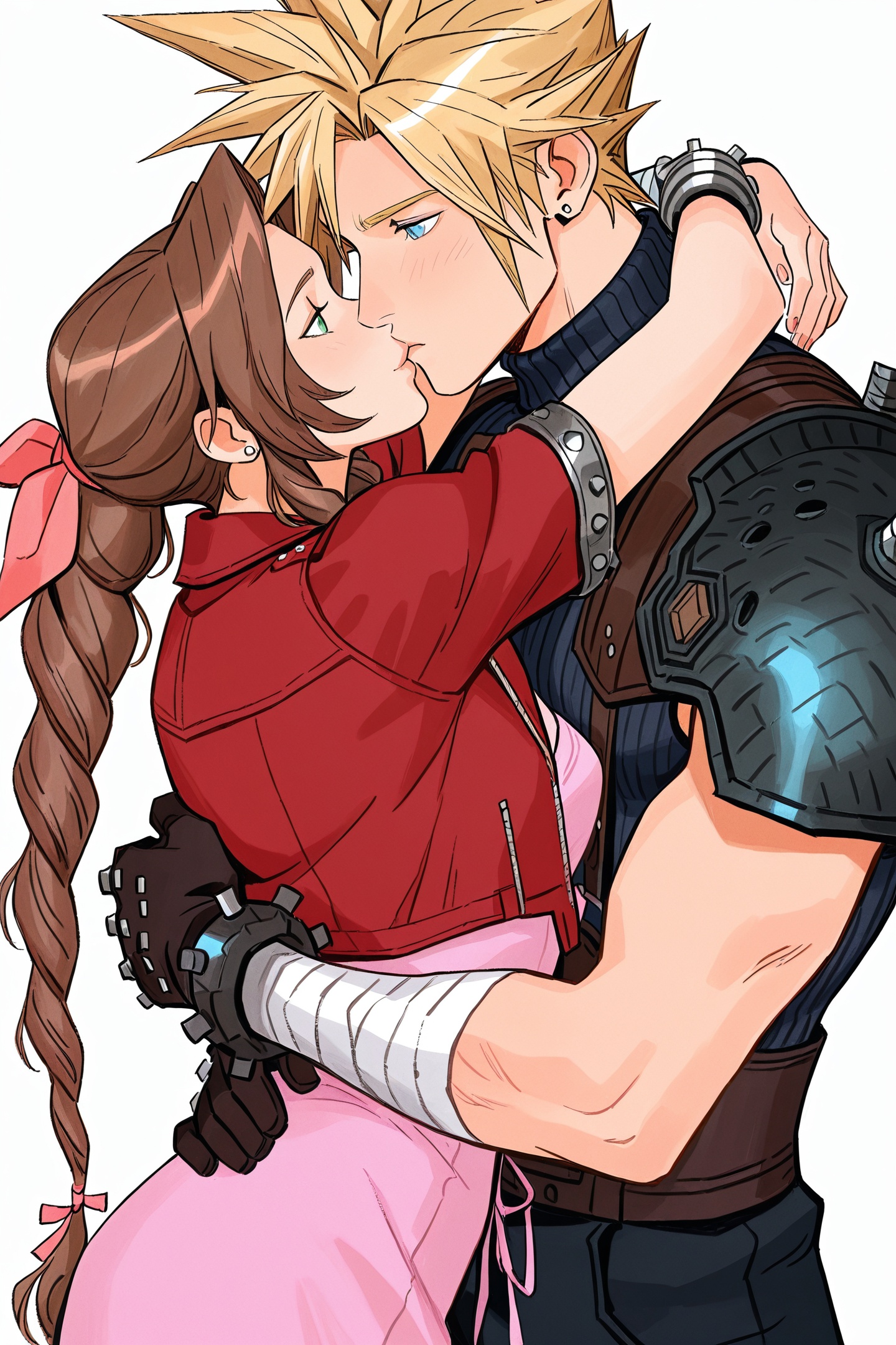 ami thompson Style,1girl,cloud strife,aerith gainsborough,1boy,blonde hair,braid,spiked hair,red jacket,shoulder armor,gloves,brown hair,braided ponytail,upper body,armor,bandages,ribbon,jewelry,bandaged arm,hair ribbon,hetero,blue eyes,white background,long hair,earrings,turtleneck,jacket,sleeveless turtleneck,sidelocks,bracelet,short hair,parted bangs,hug,sleeveless,couple,kiss,black gloves,cropped jacket,blue shirt,short sleeves,single earring,pink dress,suspenders,shirt,dress,<lora:ami thompson_illustriousXL:1>,