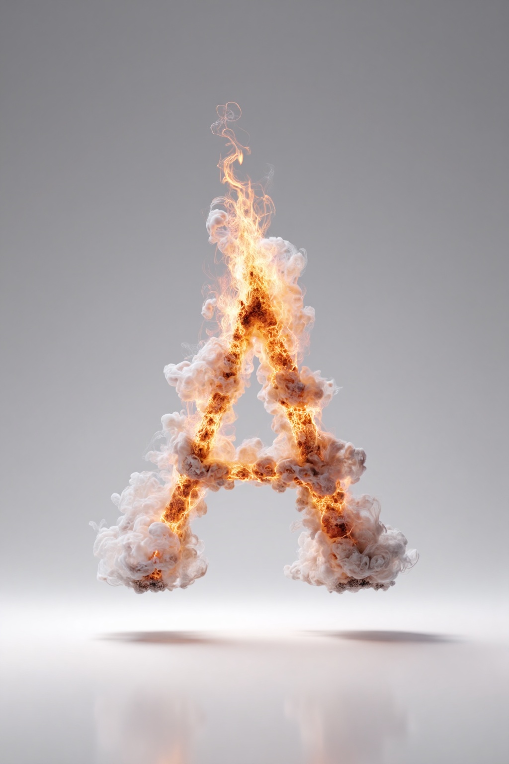 beijihui,3D icon design of letter 'A', **** of roaring flickering flames with bright orange cores and wispy smoke edges, hyperrealistic, hyperdetail, front view, studio lighting, 100mm lens, white solid background 