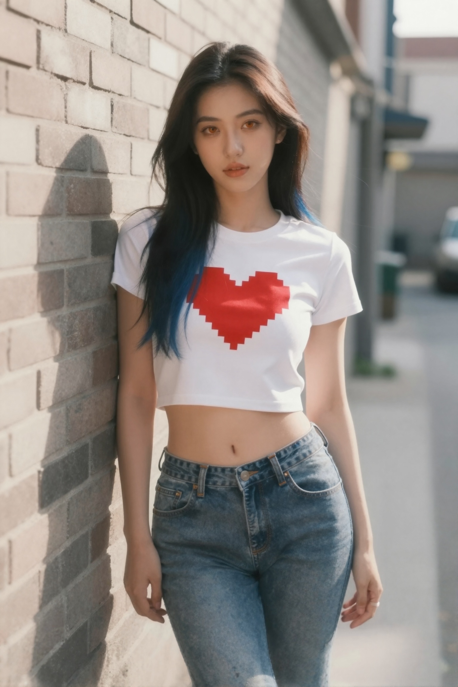 “A young woman with long dark hair and blue streaks stands in a sunlit alleyway,  leaning casually against a brick wall. S...