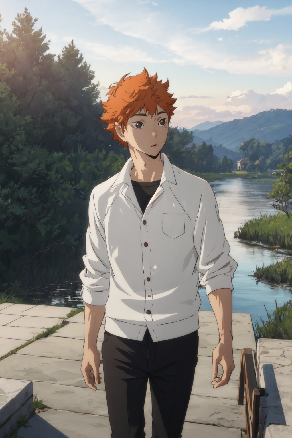 <lora:Hinata:0.8>,Hinata CYQL,1boy,male focus,looking at viewer,solo,orange hair,short hair,brown eyes,black suit, white dress shirt, black silk tie, black oxford shoes,drunk,bust,from_above,Mountain river, Morning mist, Trees, Serenity, Misty atmosphere,masterpiece,best quality,