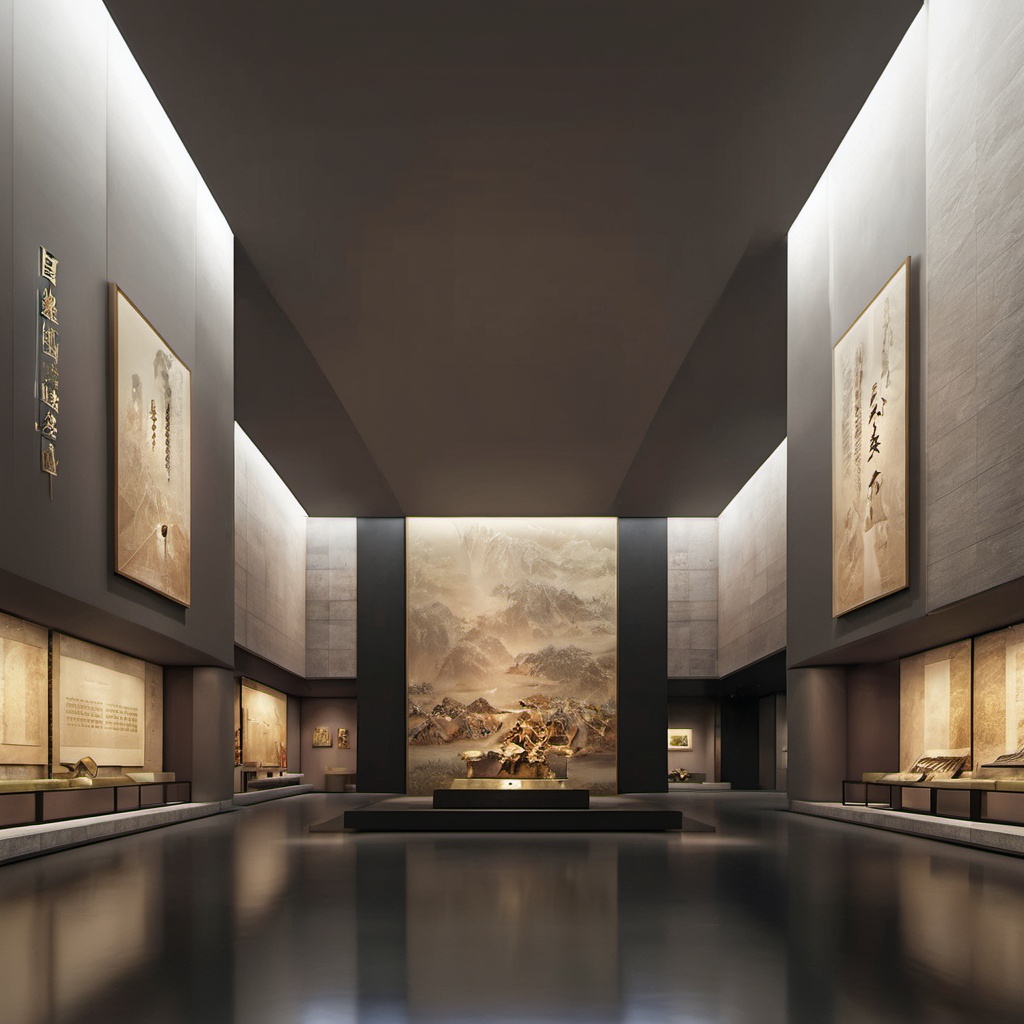 BOWUGUANkongjian,Grey ceiling, dark floor, sculptural wall, Atrium, dark ceiling, dark space, square panel, masterpiece,High quality,4K,professional lighting,VRAY rendering