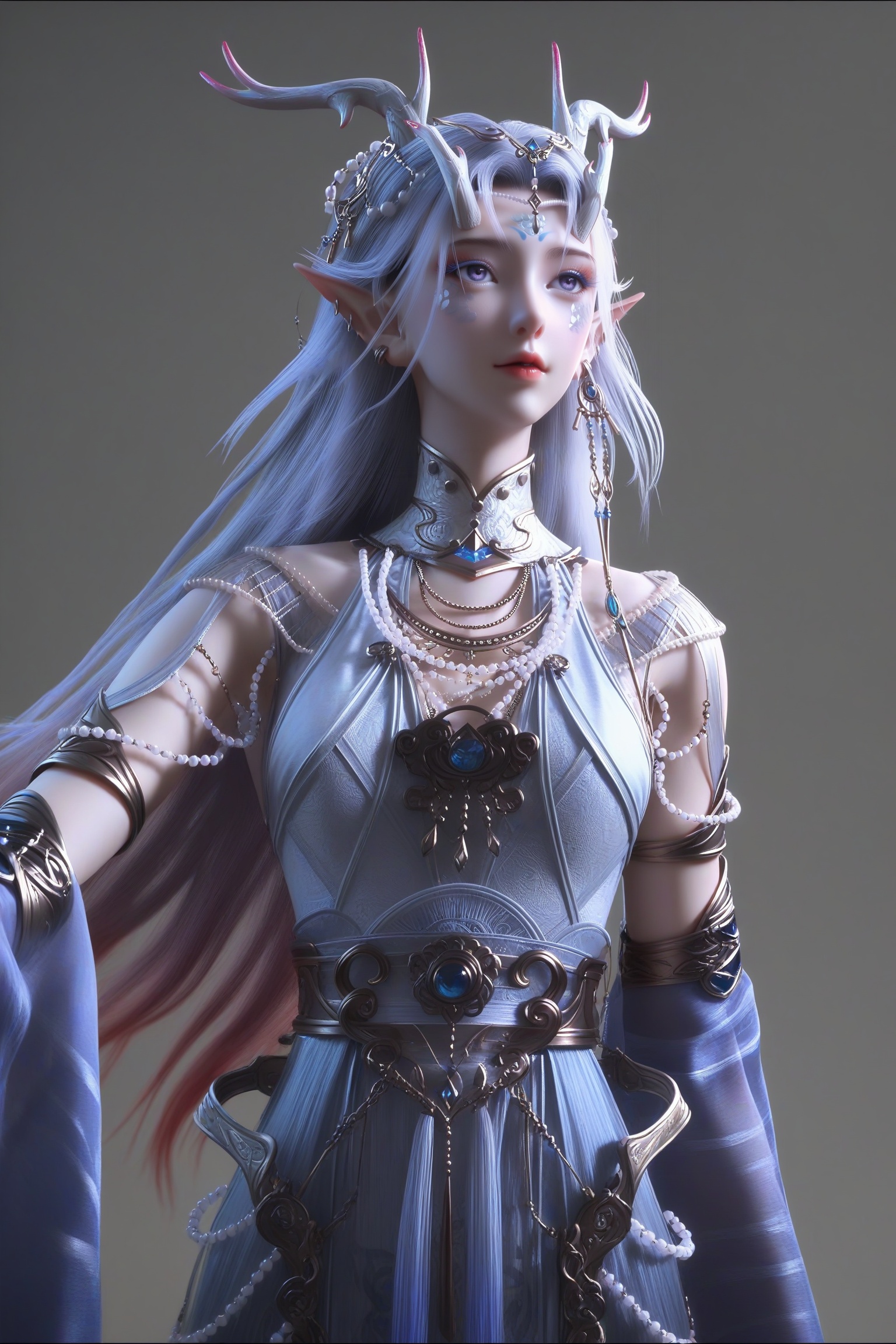 masterpiece,best quality,absurdres,highres,mature female,solo,<lora:念云-ill:0.85>,nianyun,long hair,silver hair,dragon horns,hair ornament,elf ears,dangling earrings,facial mark,forehead mark,ear piercing,eyeshadow,gradient hair,(blue yes),(purple_pupils),light blush,BREAKglamor,(slender:1.1),collarbone,(narrow waist),pose,curvy,(cheering:1.1),blue gemstone,white pearls,high collar,layered necklace,fantasy dress,pearl necklace,collar gem,chest jewel,waist gem,waist belt,detached sleeves,light blue dress,BREAK(white_skin:1.1),(fair_skin:1.1),simple background,white background,(new year:1.1),Volumetric Lighting,Cinematic Lighting,lens flare,Tyndall effect,