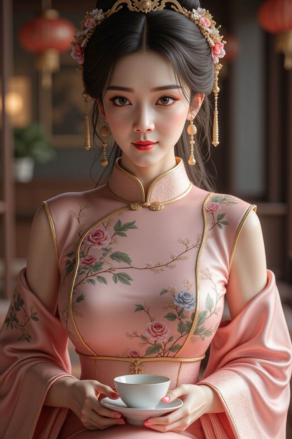 The top tall and sexy goddess has slender willow-leaf eyebrows, peach blossom eyes, plump and thick eyebrows. The eyes and eyes convey emotions, which are very charming. She was wearing a gorgeous sexy silk cheongsam, with a grand hairstyle. Her skin was as fair as jade, her facial features were delicate and three-dimensional, high-end and atmospheric. Her eyes were lively, as if she could attract people's hearts. She sat in a top luxury teahouse to drink tea. She was dignified and elegant. She sat in an elegant posture. The light and shadow effect created a dreamy atmosphere, ultra-high-definition details, extremely realistic, 4K ultra-clear. The clothes were loose and many scenes. Multiple hairstyles. There were multiple postures. The work of the master of the close-up shot.<lora:20251211_TinFlux1ClothesSliderLora_v1A:0.7>