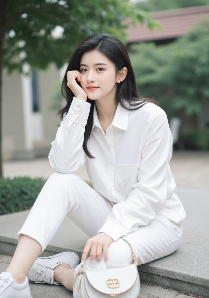 short hair,1girl,solo,black short hair,white pants,white footwear,bag,pants,sitting,(looking at viewer:1.2),piercing,shirt,jewelry,shoes,white shirt,full body,shoulder bag,long sleeves,ear piercing,smile,outdoors,hand on own face,black eyes,handbag,closed mouth,lips,long hair,collared shirt,white jacket,