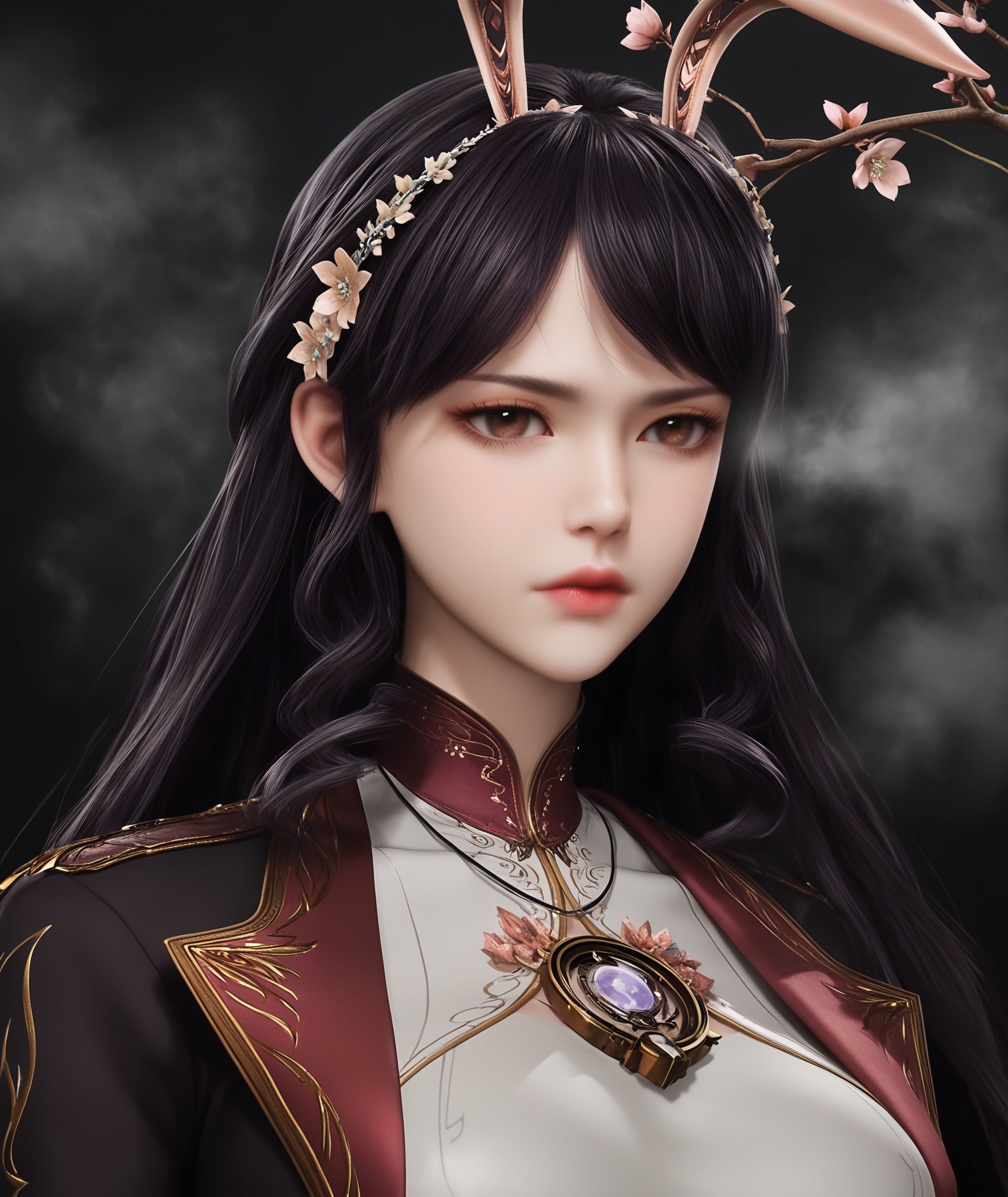 (score_9),masterpiece,best quality,absurdres,highres,BREAK(white_skin),disdain,jitome,collarbone,<lora:江楠楠-ill-000008:0.85>,1girl,solo,black hair,long hair,hair ornament,hair flower,brown eyes,jewelry,rabbit ears,fake animal ears,cropped jacket,collarbone,(large breasts),puffy chest,large breasts,looking at viewer,front view,upper body,BREAKsimple background,black background,Tyndall effect,fog,branch,twig,