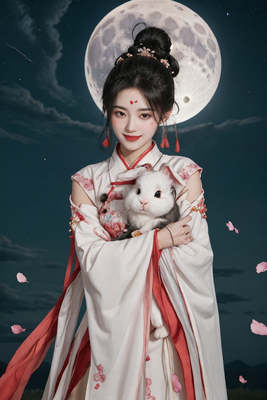 1girl, hair ornament, full moon, cloud, sky,night, chinese clothes, solo, smile, wide sleeves, night sky, long sleeves, nice fingers, flower, hug, hair flower, petals, blush, parted lips, black hair, white bunny, cloudy sky, forehead mark, black eyes, facial mark, updo, artist name, hanfu, hair bun, animal hug, outdoors, surrounded by Chinese lanterns, <lora:中秋节2.0:0.8> 