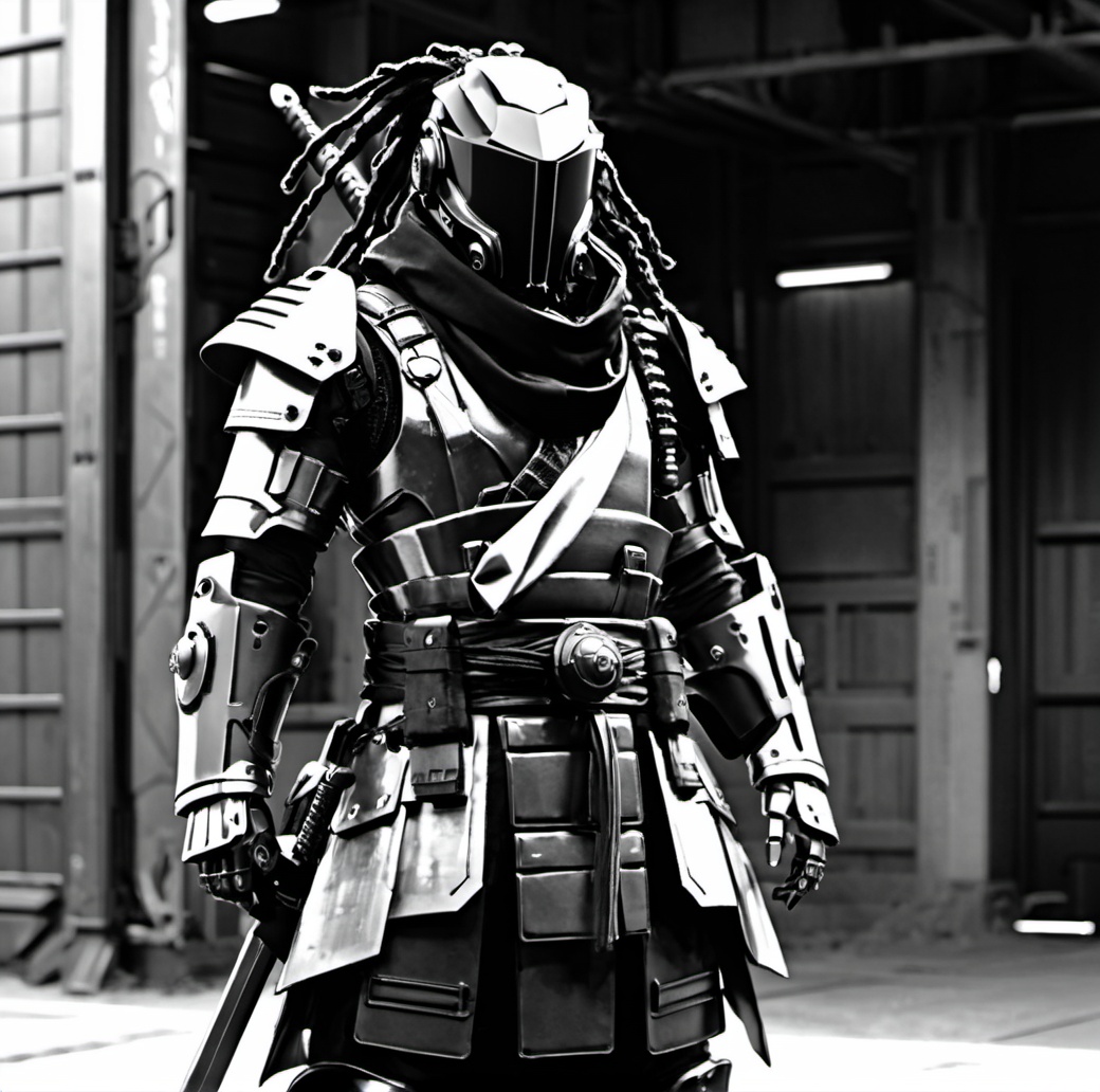 weapon, sword, armor, helmet, greyscale, solo, monochrome, katana, sheath, sheathed, 1other, japanese armor, scarf, covered face, shoulder armor, humanoid robot, samurai, science fiction, cowboy shot, standing, cyberpunk, futuristic armor, robot helmet, LED visor, black and white, sci-fi, dystopian, mechanical glove, industrial background, armored gauntlets, dreadlocks, masked figure, augmented reality, cybernetic, arm plating, combat ready, metallic texture, digital art, high-contrast, urban warrior, cyber warrior, pose, cybernetic enhancements, robotic appearance, action figure. ,<lora:机甲-000002:0.6>