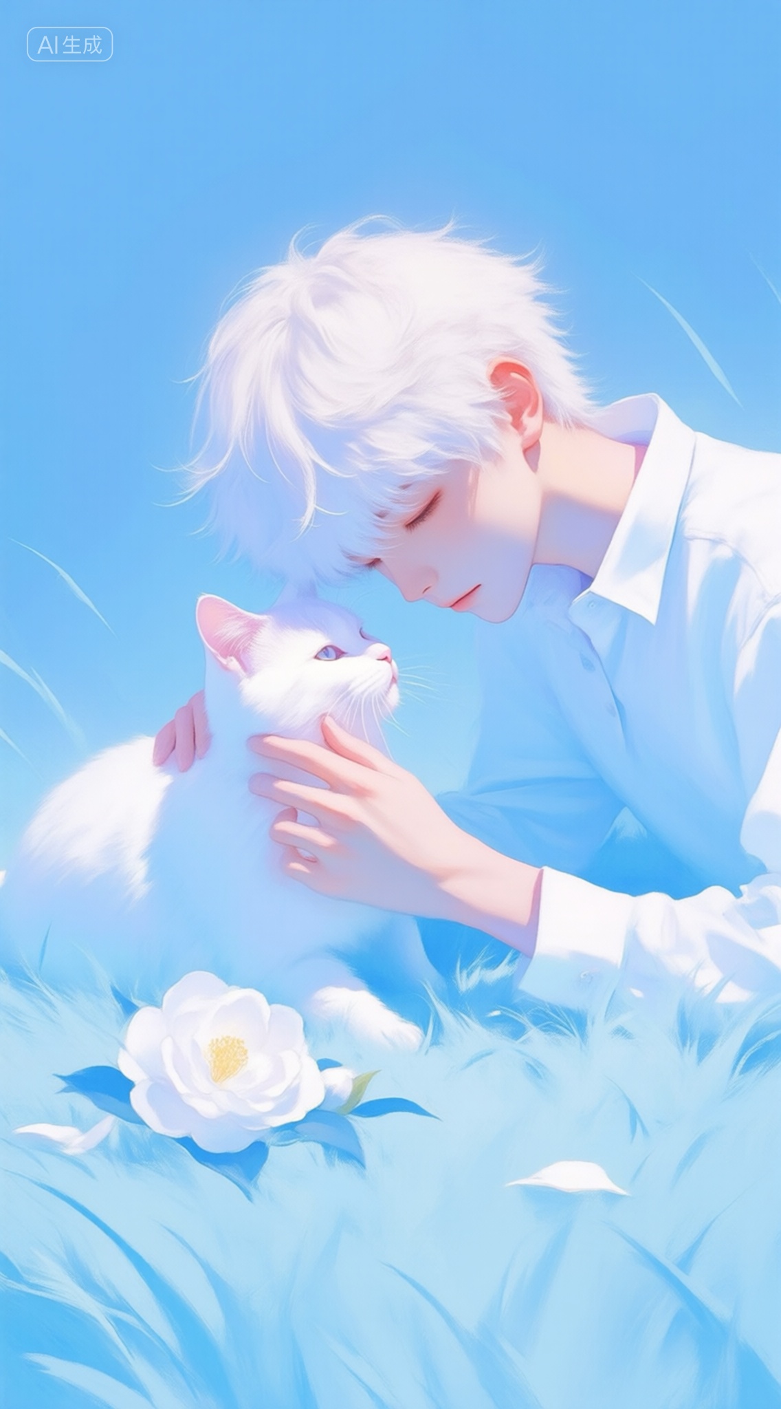 清新感水彩油画,Beautiful digital art illustration Oil painting style,Beautiful digital art illustration,Oil painting style,In this picture,1boy and 1cat,lying quietly on a light blue grass,creating a soft contrast against the light blue background. The whole scene design is very delicate,white shirt,white camellia flower and the girl's white hair complement each other,while the light blue grass brings a touch of cool and quiet to the picture. It is a poetic depiction of youth,nature and the inner world.,, Negative prompt: ng_deepnegative_v1_75t,(badhandv4:1.2),EasyNegative,(worst quality:2),,nsfw, Steps: 30, Sampler: Euler, CFG scale: 4.0, Seed: 499814107, Size: 1142x2048, Model hash: 9768b098f7, Model: ZOZ_v1.0.safetensors, Denoising strength: 0, RNG: CPU, Lora 1: 梦境涟漪_治愈风插画_Qwen&F.1, Lora Hash 1: d6c2504975, Lora Weight 1: 0.85, vae_name: automatic