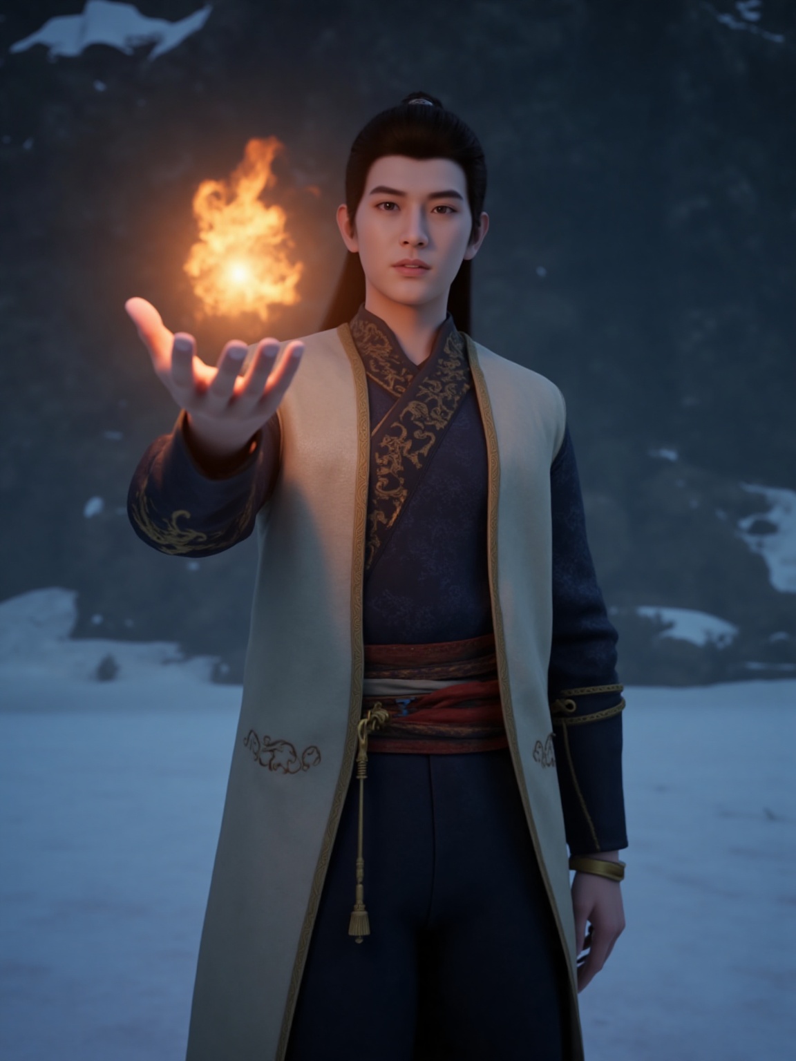 a young man,upper body,chinese clothes,black long hair,fire magic in your hand,outdoors,snow,