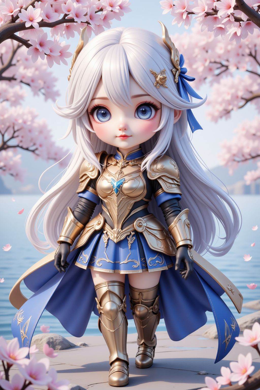 A woman with white hair and blue eyes,wearing a blue and gold metal armor skirt,chibi,delicate makeup,autumn,sea,cherry blossom trees,