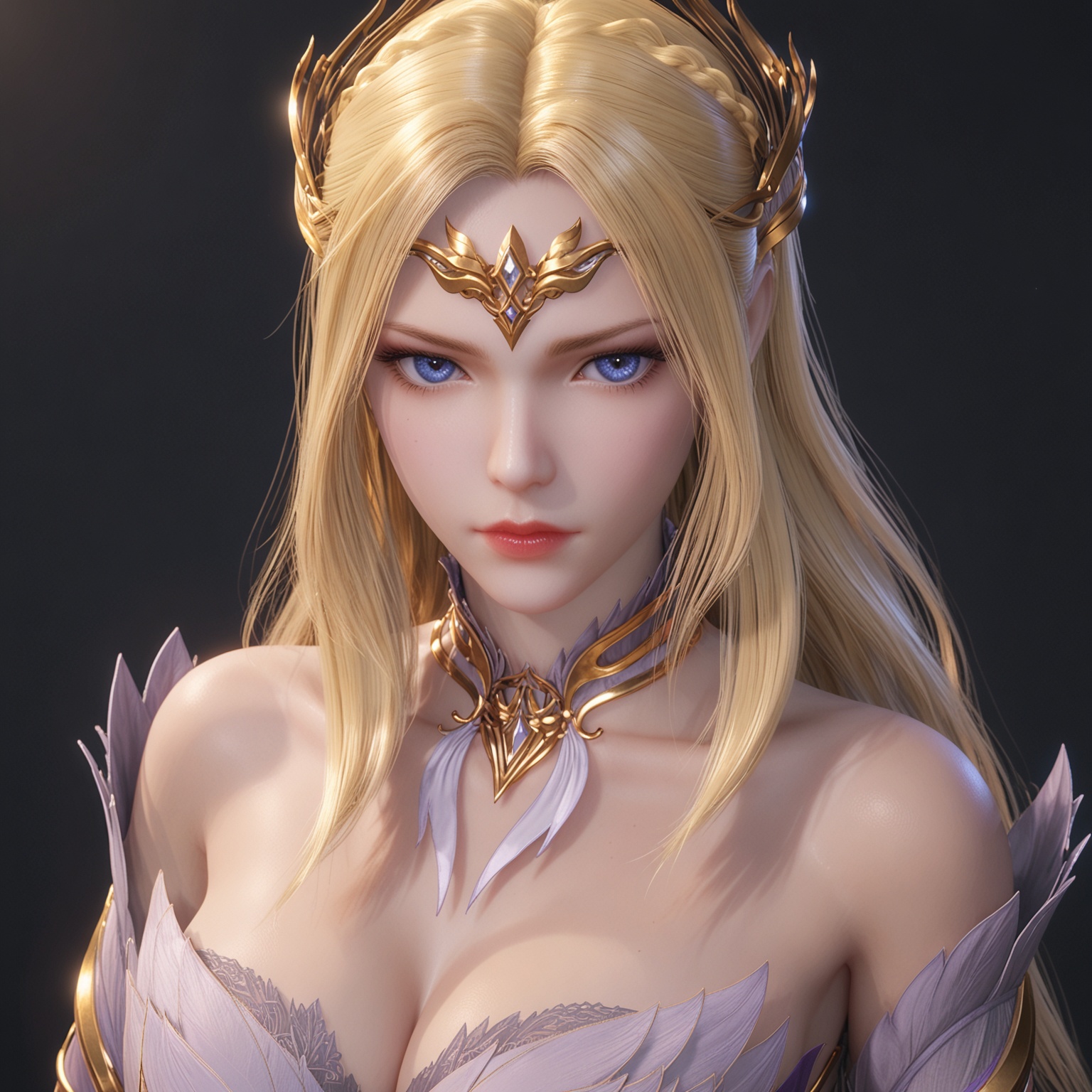 <lora:ponyqianrenxueV6:0.7>, 1girl, solo, blonde_hair, long_hair, bare_shoulders, blue_eyes, hair_ornament, dress, white_dress, armor, armored_dress, cleavage, detached_collar,BREAK score_9,upper_body,portrait,shiny_skin,looking at viewer,cinematic lighting,volumetric lighting,solo focus,(huge breasts:0.9),(simple background,pure black background,black background:1.1),